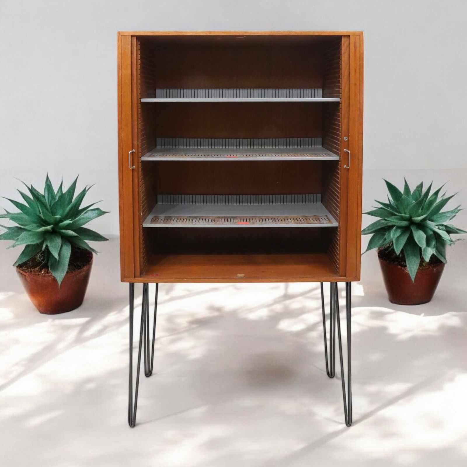 1960s Teak Cupboard With Metal Shelving Sliding Tambour Doors Free Uk Delivery