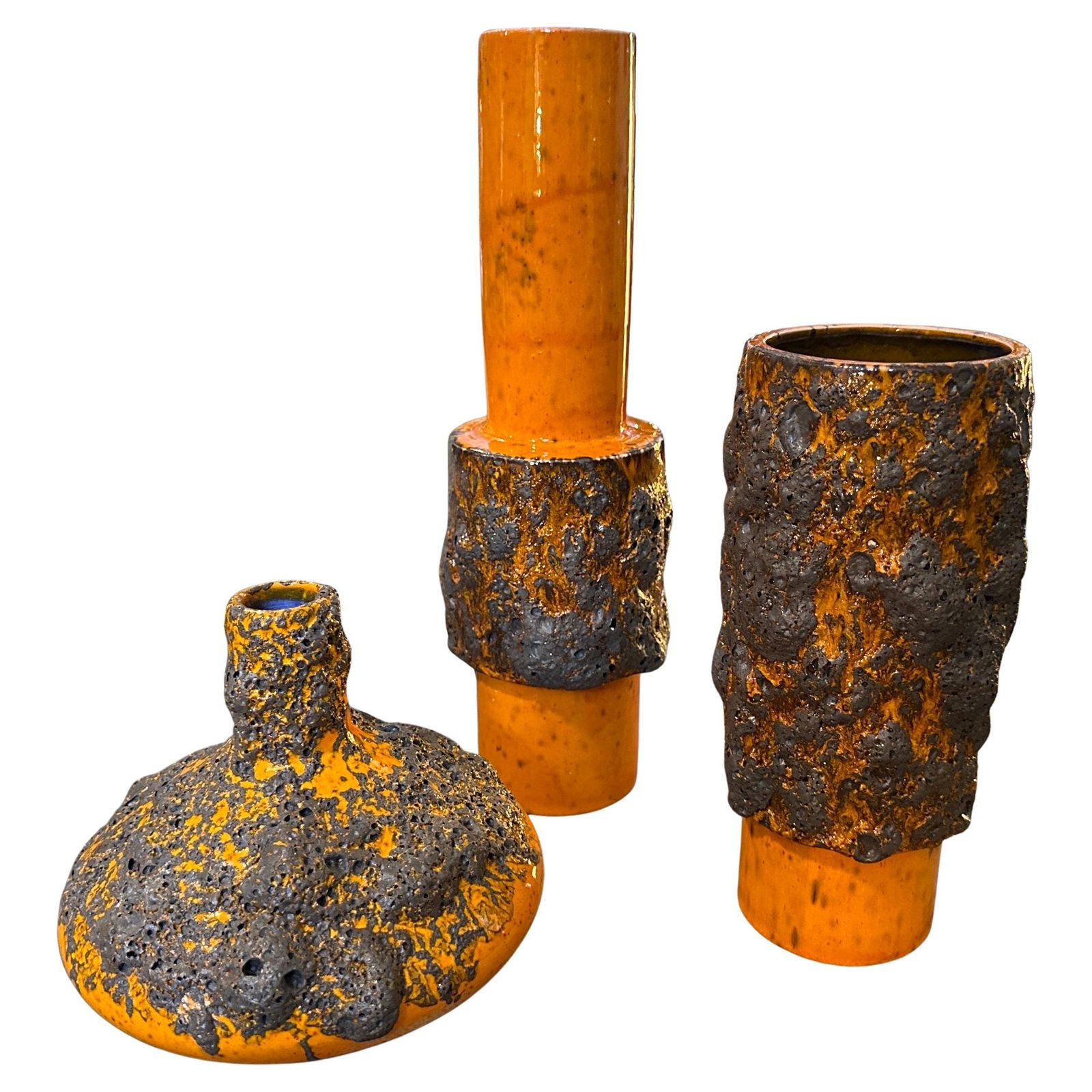 Three 1980s Modernist Orange And Black  Fat Lava Ceramic German Vases