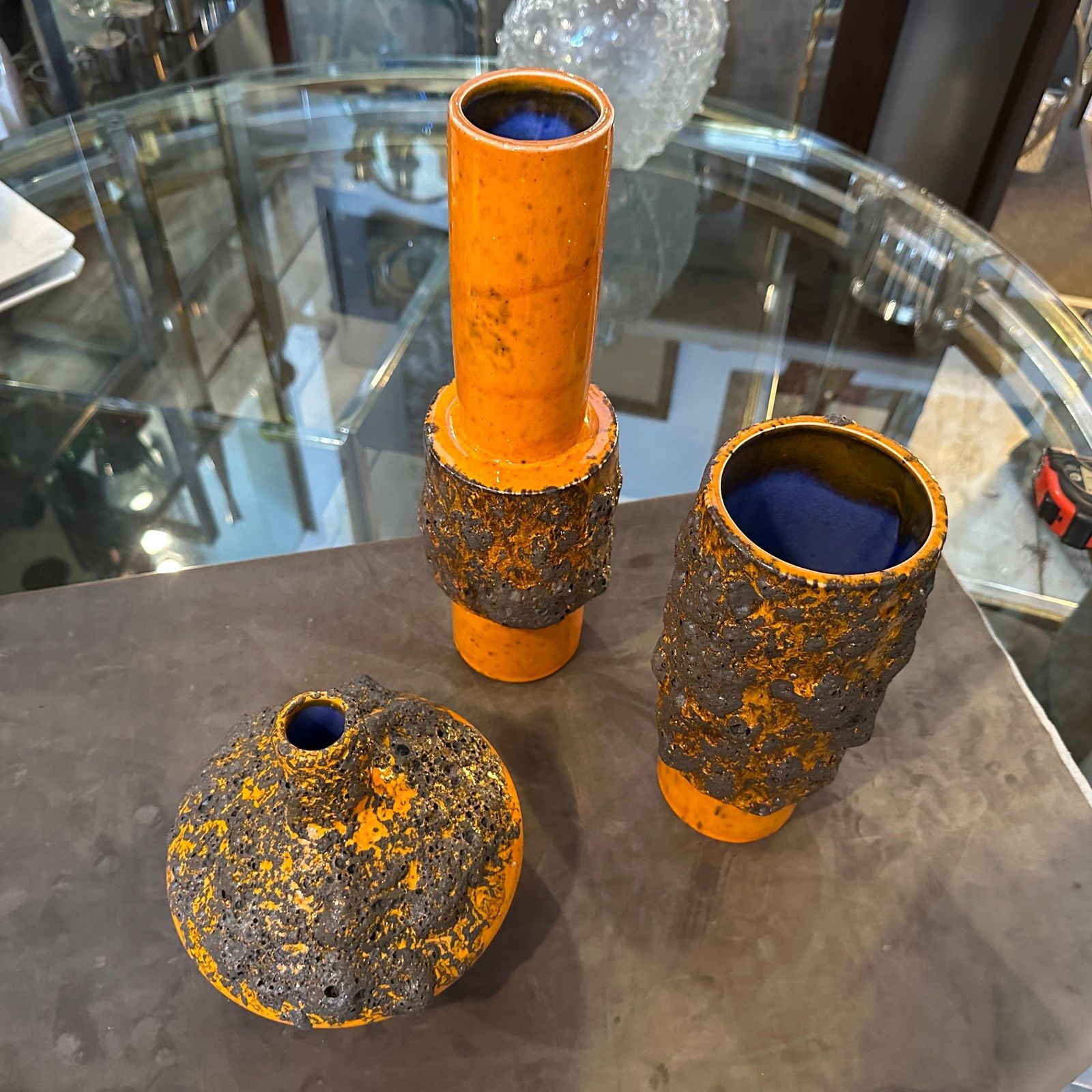 Three 1980s Modernist Orange And Black  Fat Lava Ceramic German Vases photo 752.0