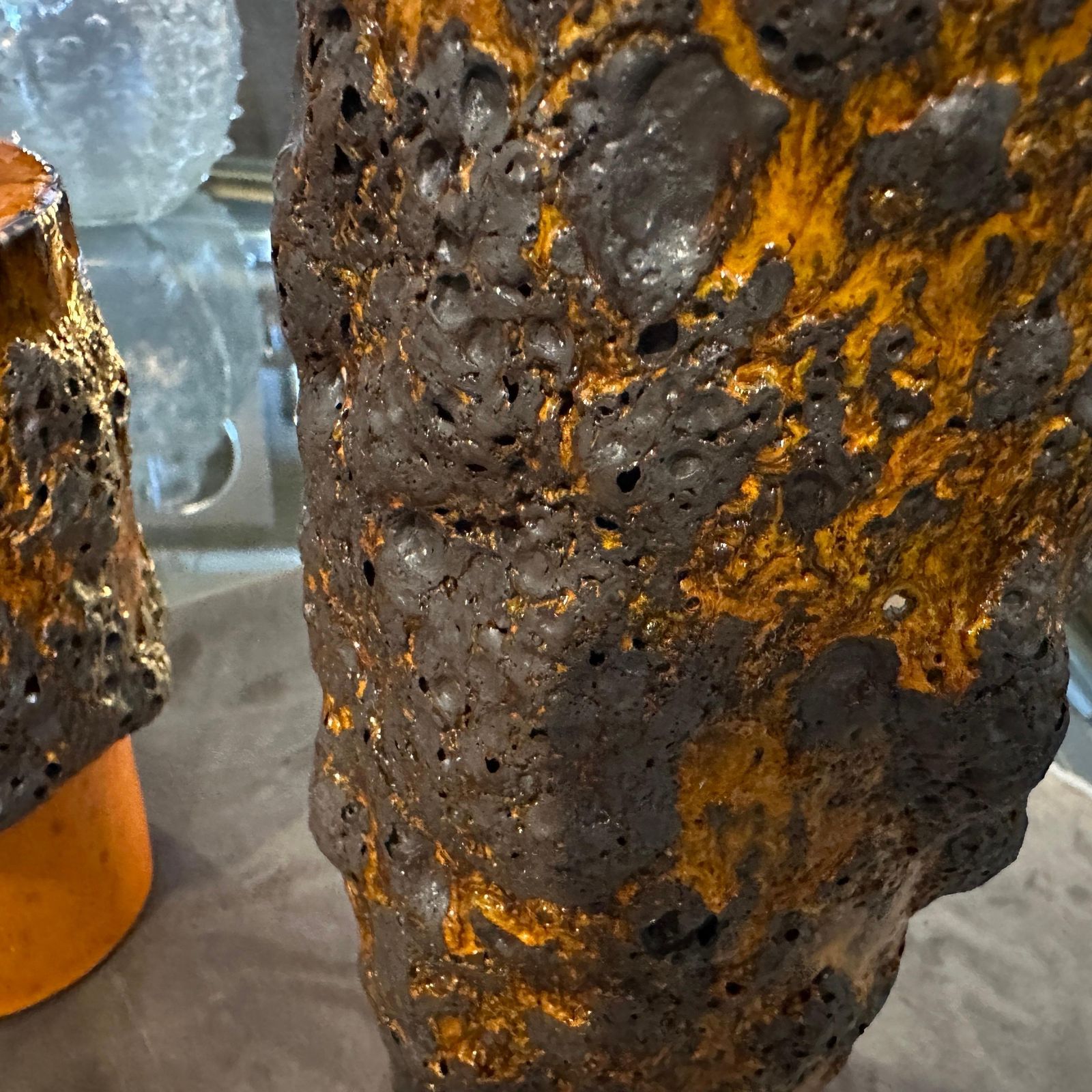 photo for sale Three 1980s Modernist Orange And Black  Fat Lava Ceramic German Vases
