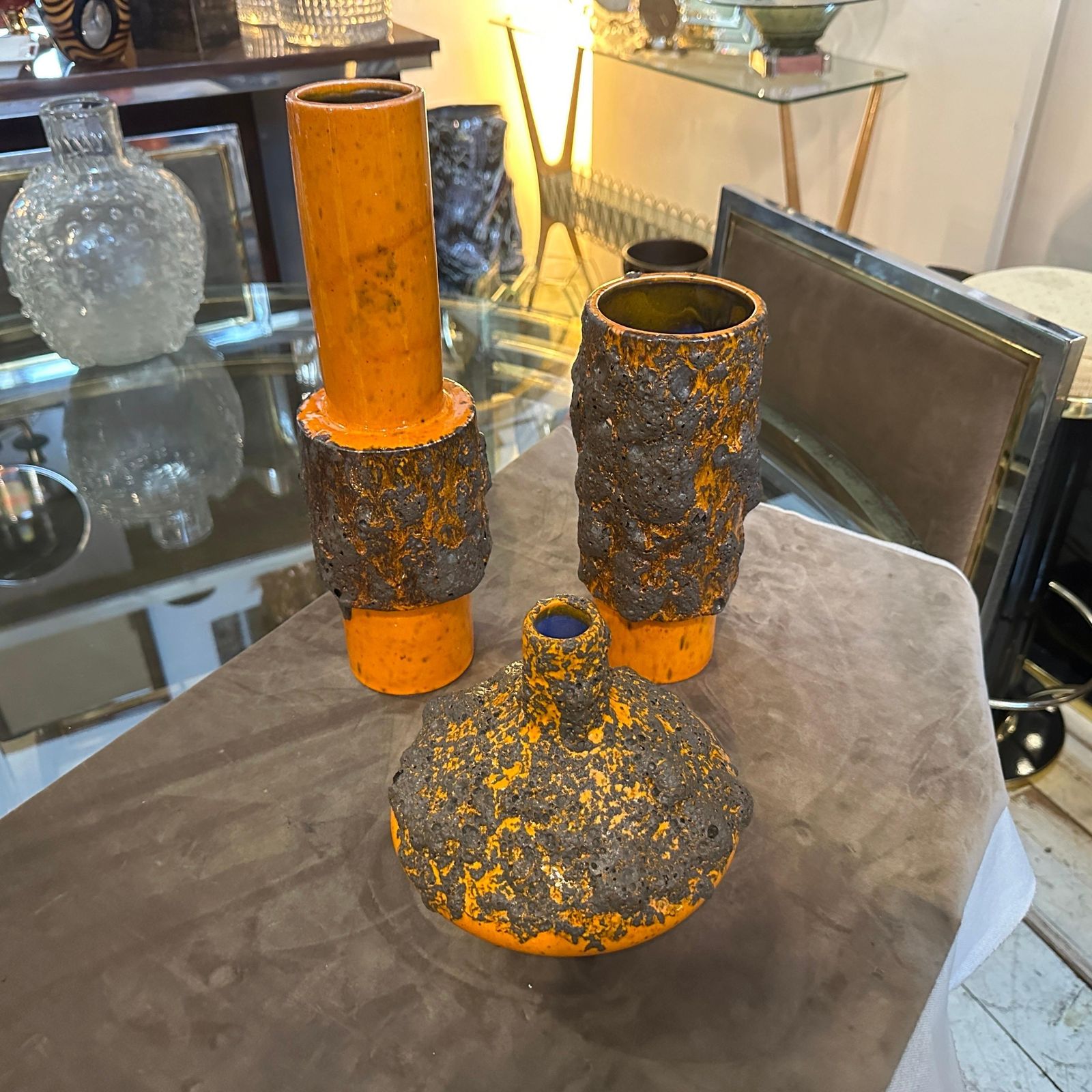752.0 Three 1980s Modernist Orange And Black  Fat Lava Ceramic German Vases photo