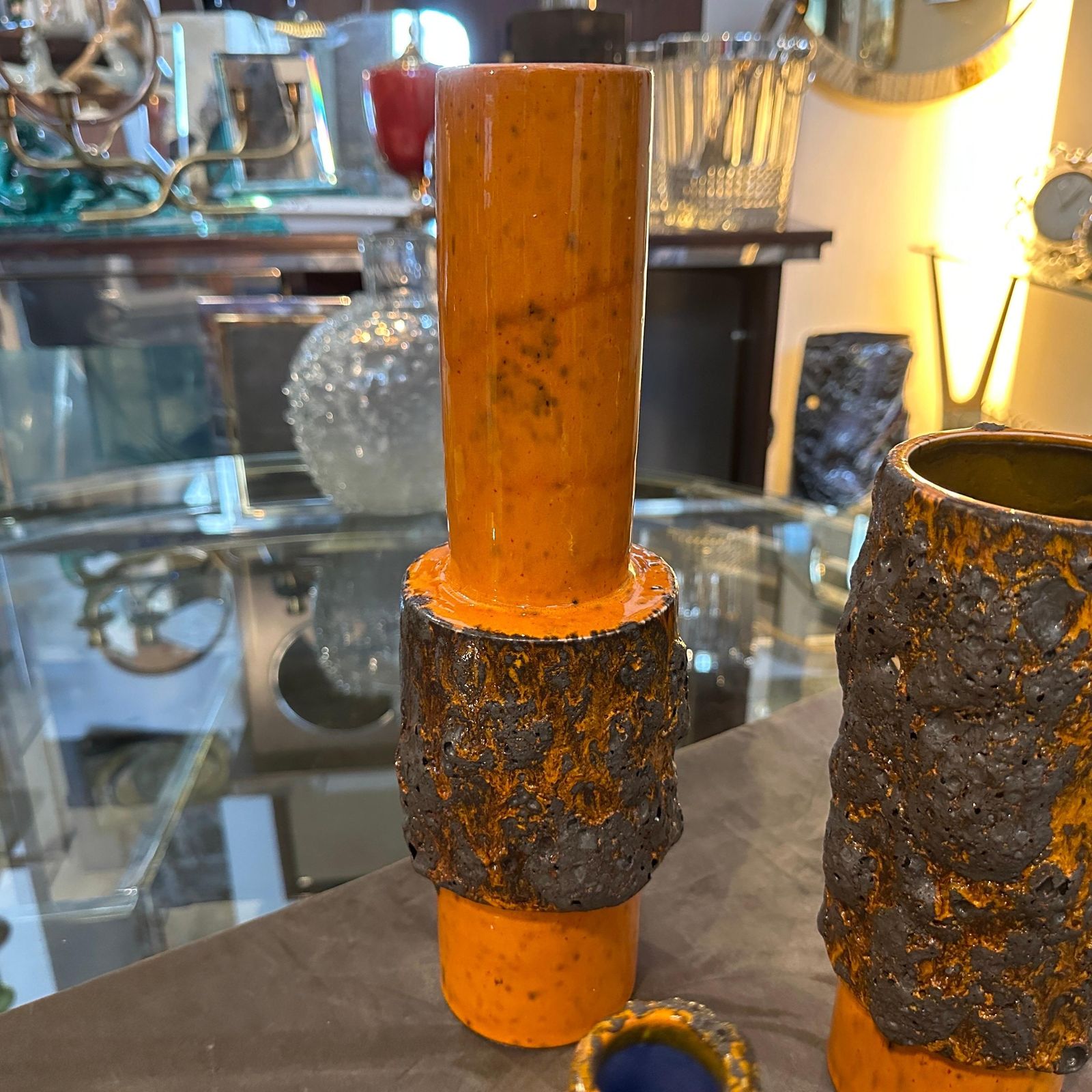photo buy Three 1980s Modernist Orange And Black  Fat Lava Ceramic German Vases