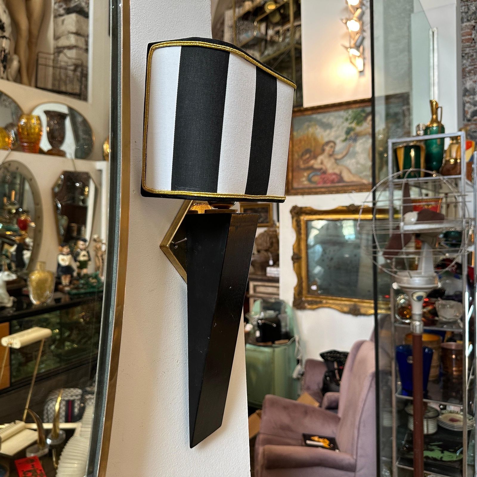 photo for sale An Elegant 1980s Art Deco Style Black Painted Wood And Brass Italian Wall Sconce