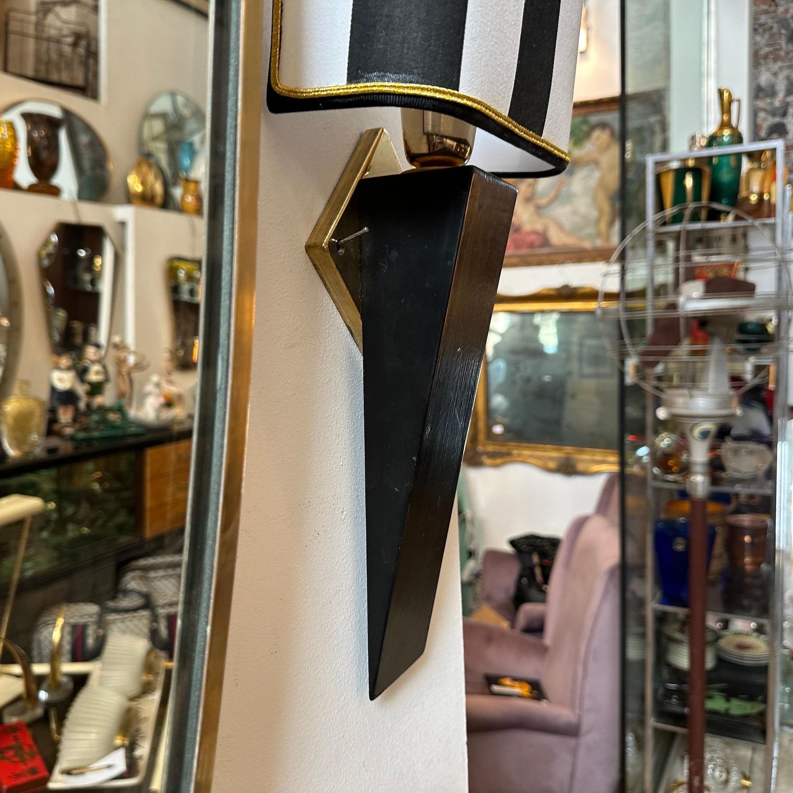 Lighting An Elegant 1980s Art Deco Style Black Painted Wood And Brass Italian Wall Sconce photo