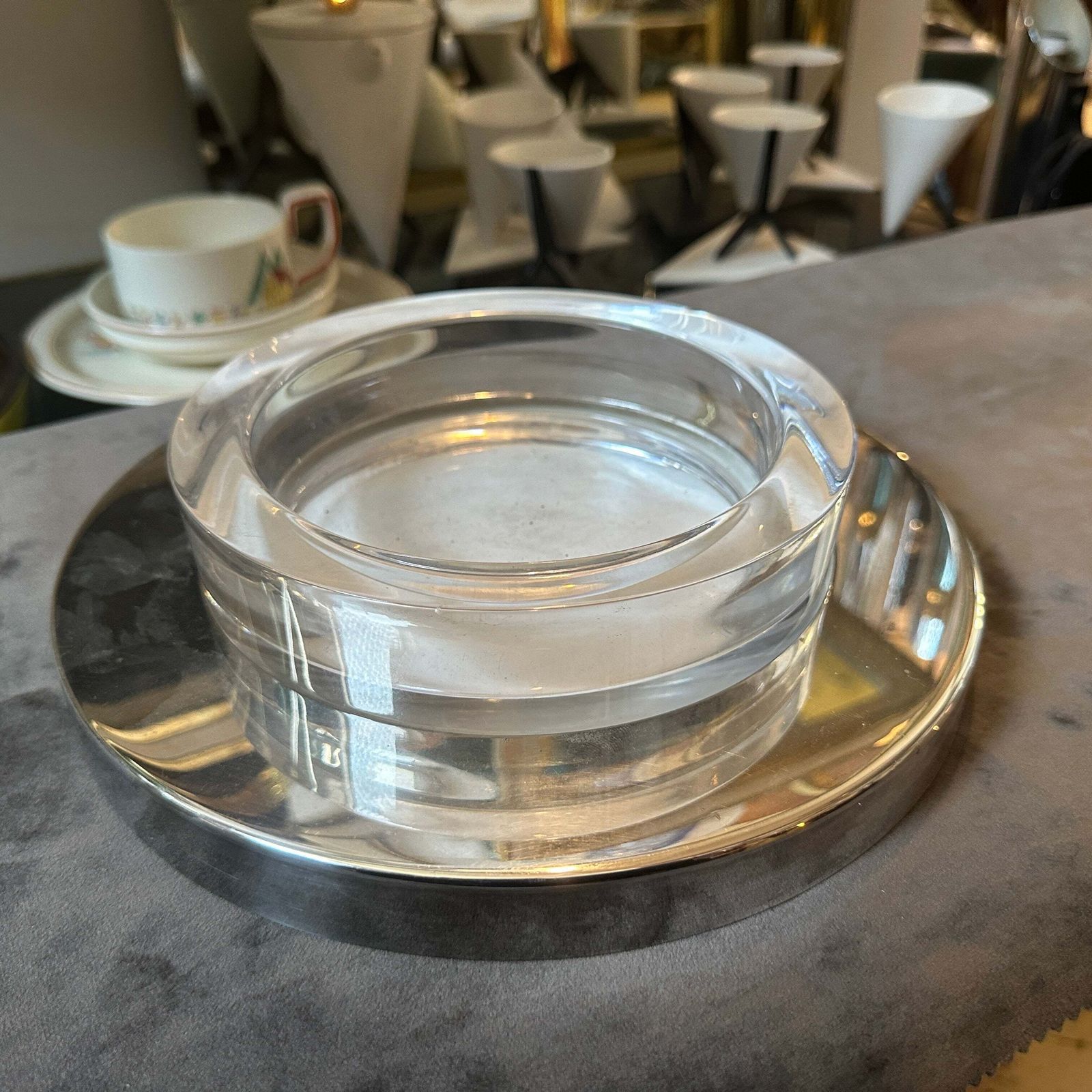 1980s Lino Sabattini Style Minimalist Silver Plated And Glass Bowl photo furniture