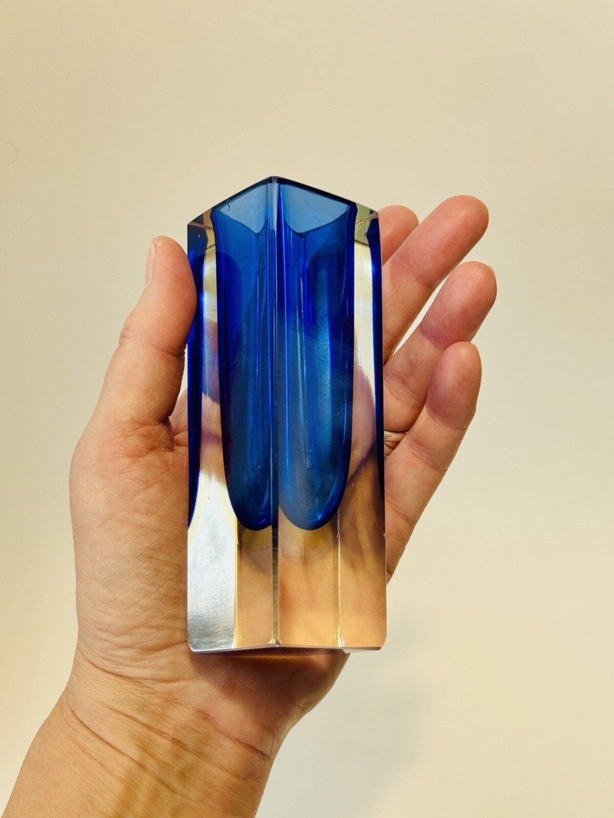 photo furniture Beautiful Murano Faceted Cobalt Blue & Pale Amber Sommerso Glass Block Vase
