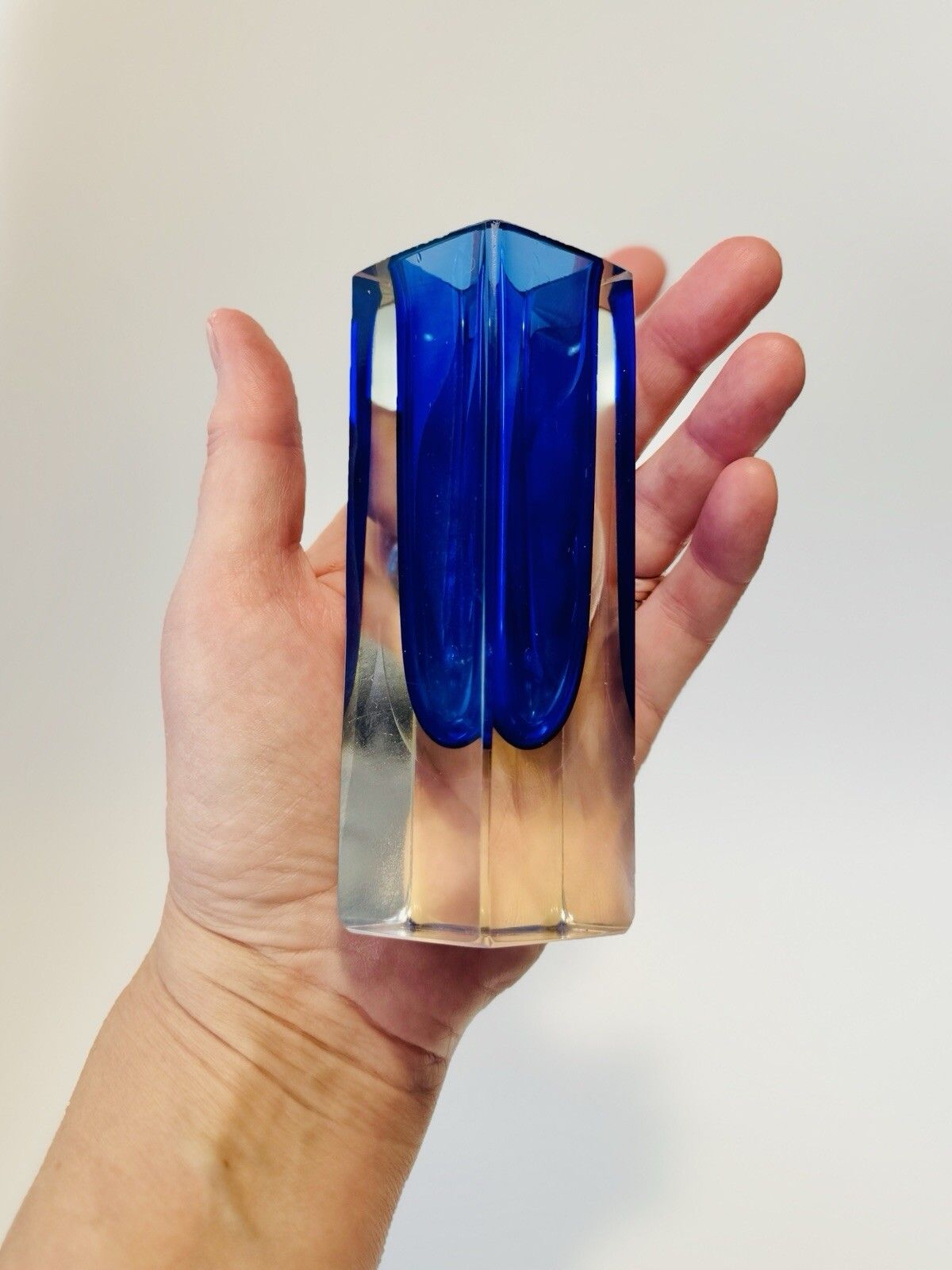 photo for sale Beautiful Murano Faceted Cobalt Blue & Pale Amber Sommerso Glass Block Vase