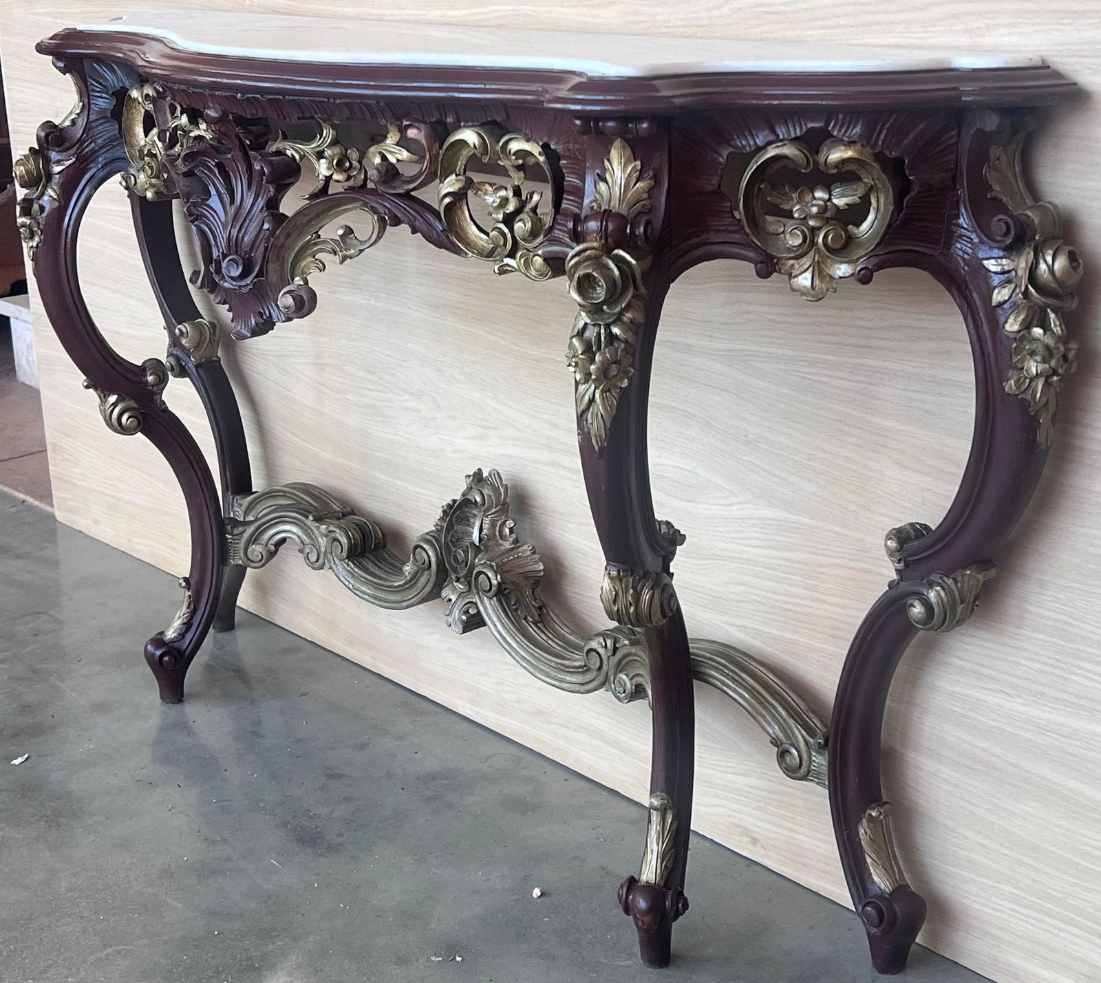 Large French Regency Carved Walnut Console Table With Gilted Details And Marble photo vinterior