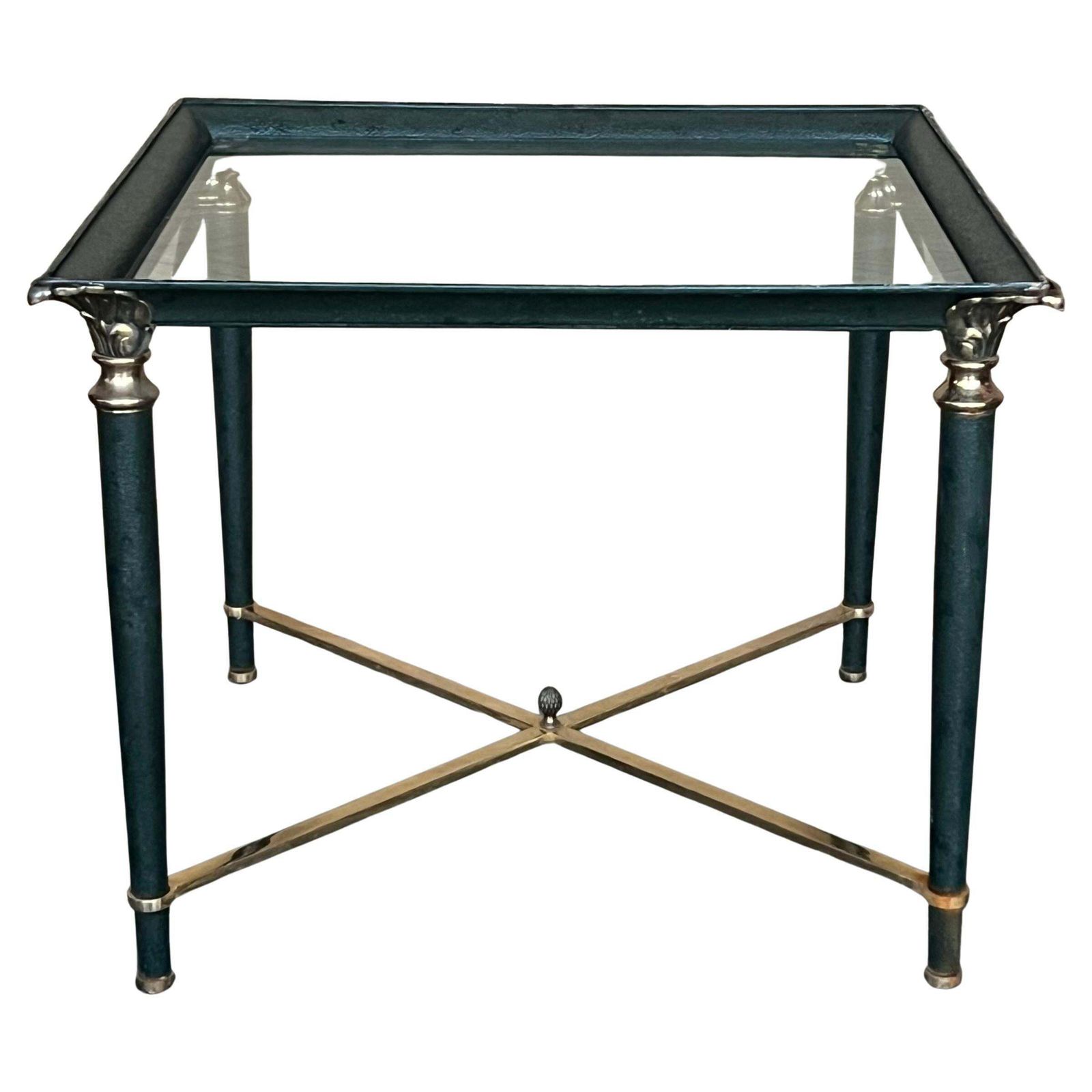 Table basse mid-century modern en fer vert, détails en bronze et laiton
