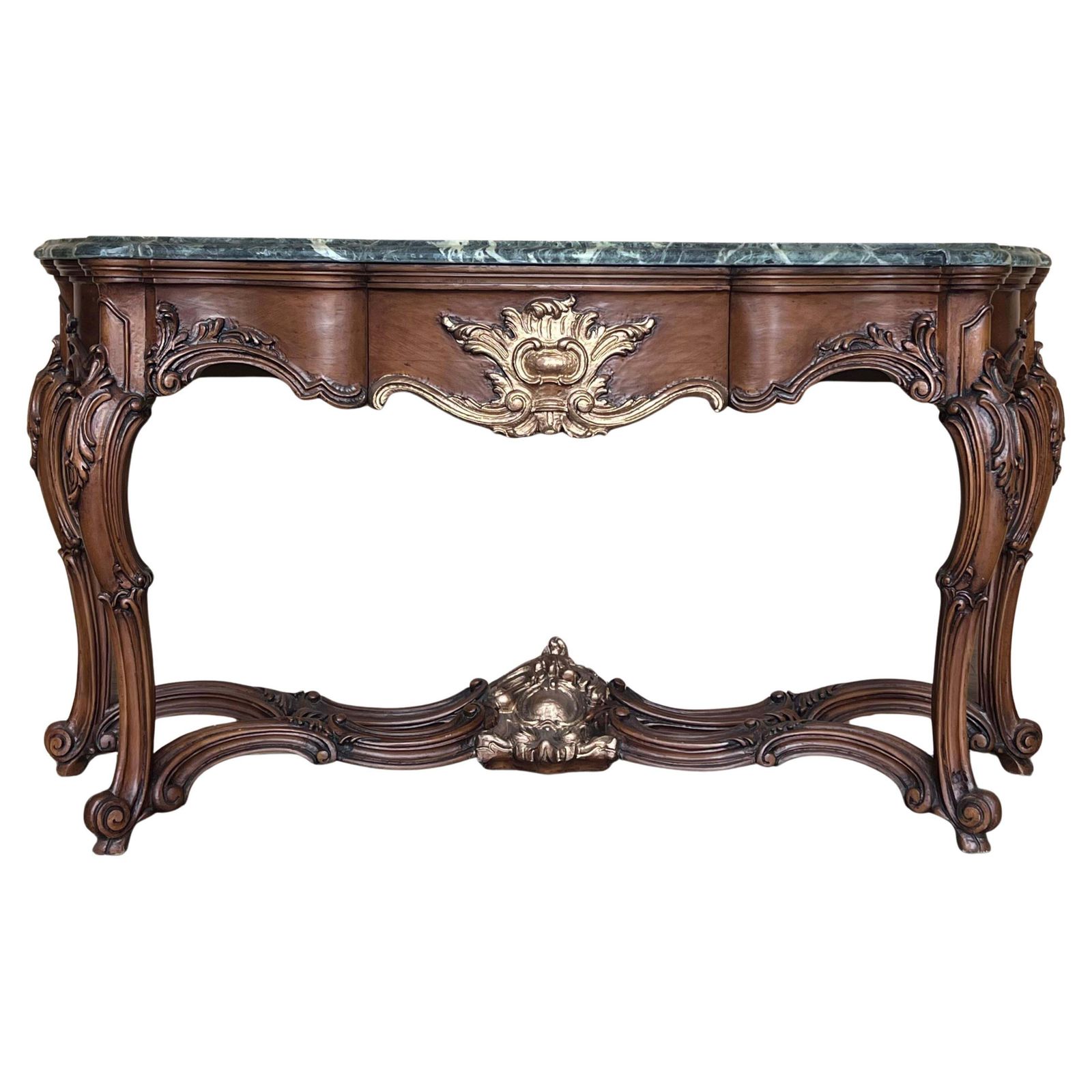 Grande console de style Régence française en noyer sculpté, détails dorés et tiroir