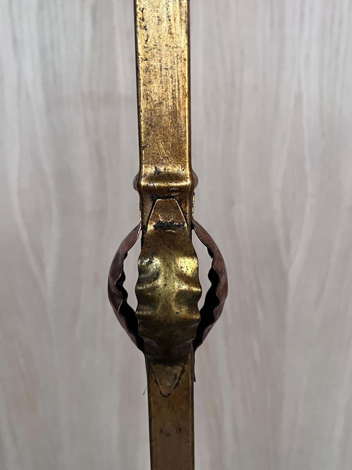 photo for sale 1920’s Brass And Iron Floor Lamp With Vintage Tiffany Style Swirl Shade