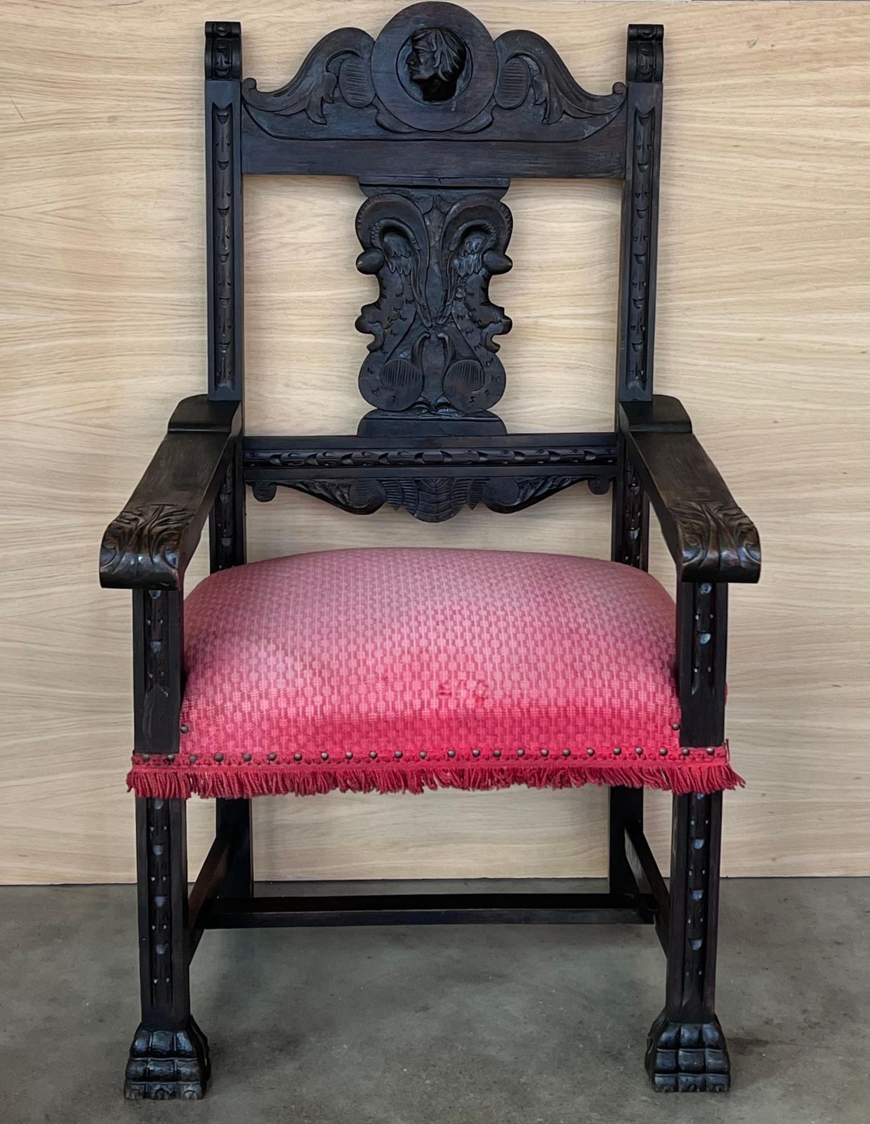 19th Spanish Colonial Altar Carved Armchair With Red Velvet Seat And Carved Back photo Furniture