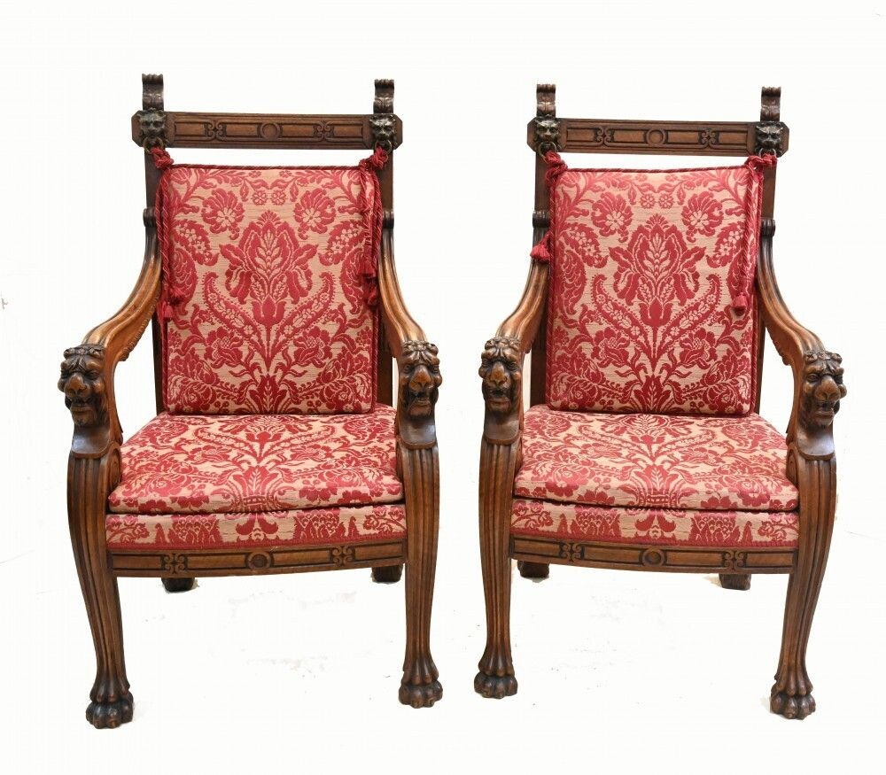 Pair Walnut French Arm Chairs Carved Farmhouse Fauteuil