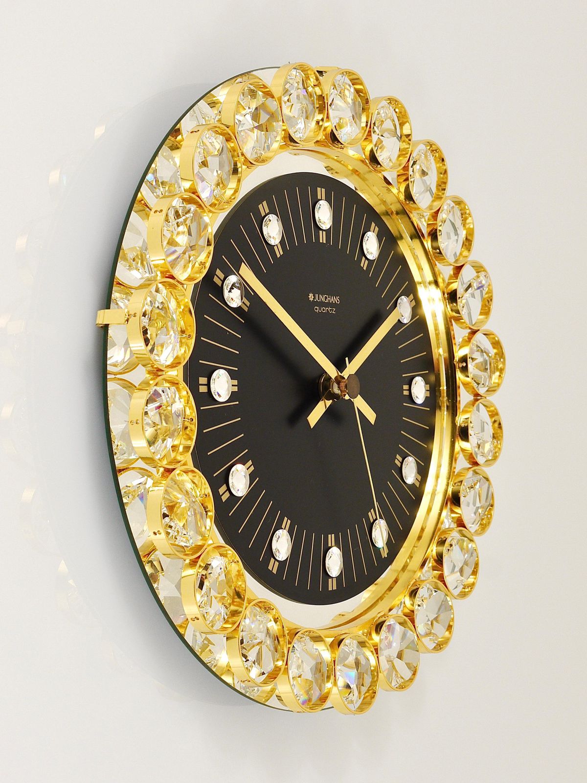 photo for sale Golden Junghans Hollywood Regency Gilt And Crystals Wall Clock, Germany, 1970s
