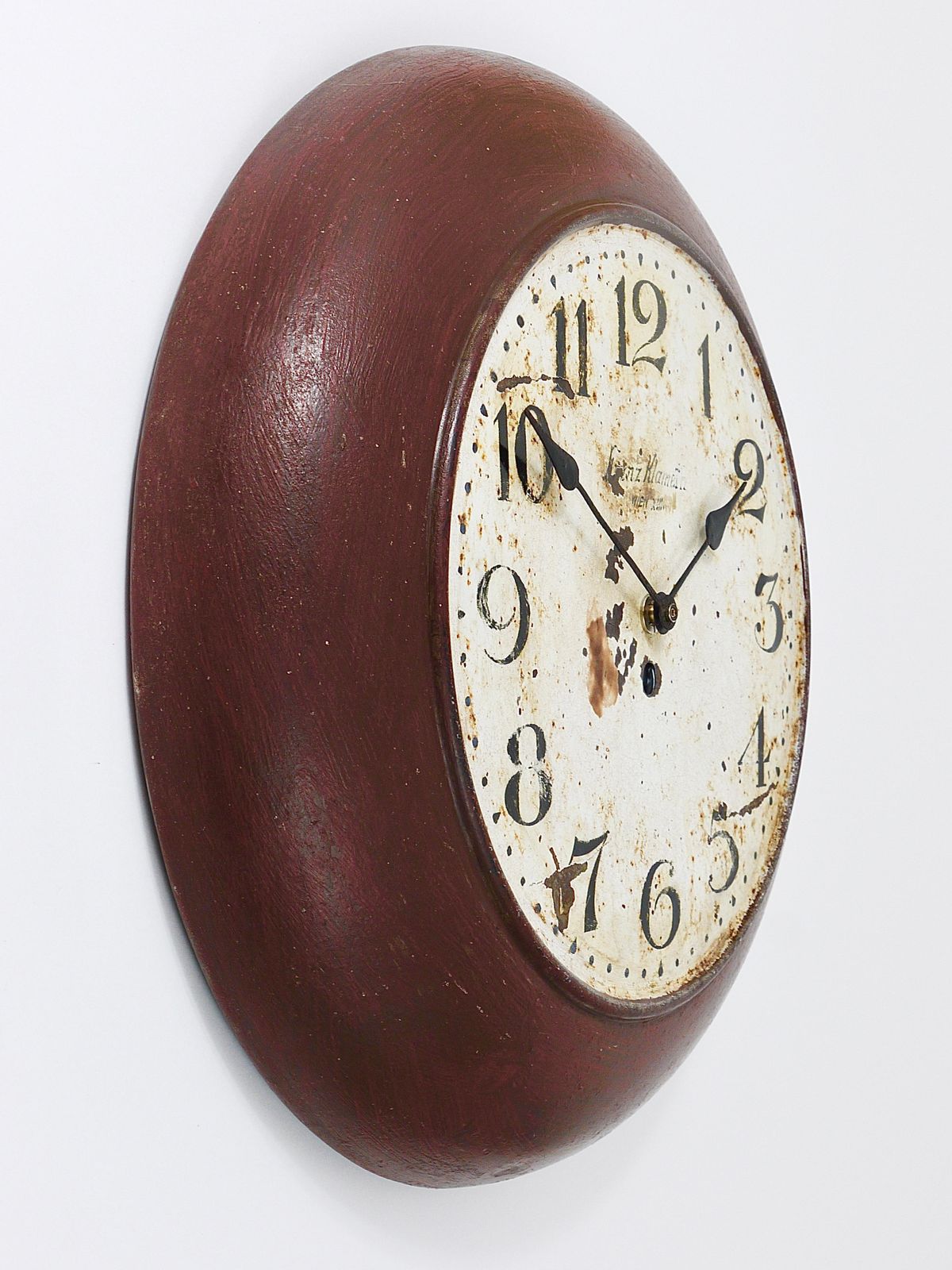 photo for sale Antique 1920s Public Iron Wall Clock With Hand Painted Dial, Industrial Style