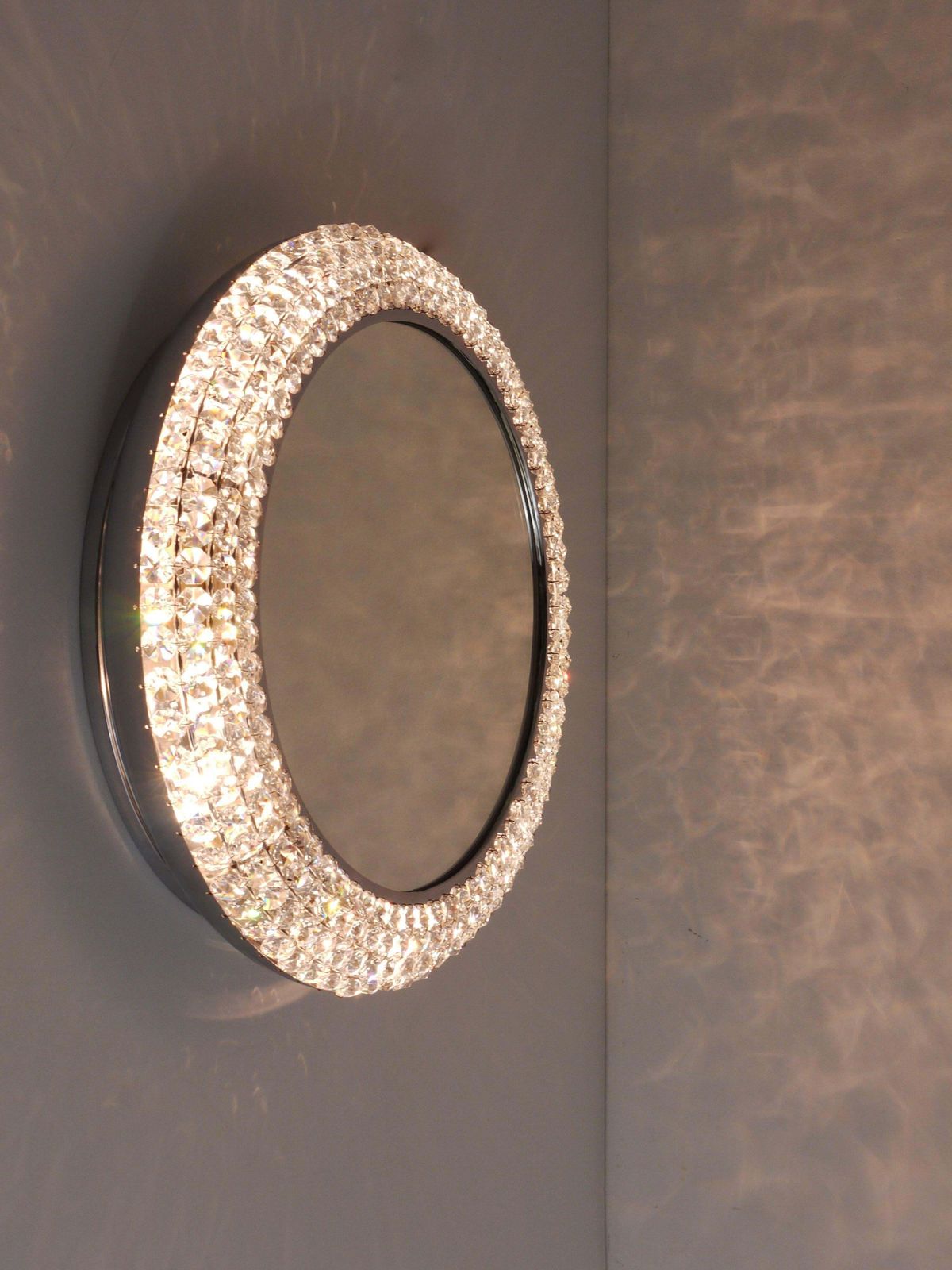 Round Bakalowits Style Faceted Crystal & Chrome Backlit Wall Mirror, 1960s photo furniture