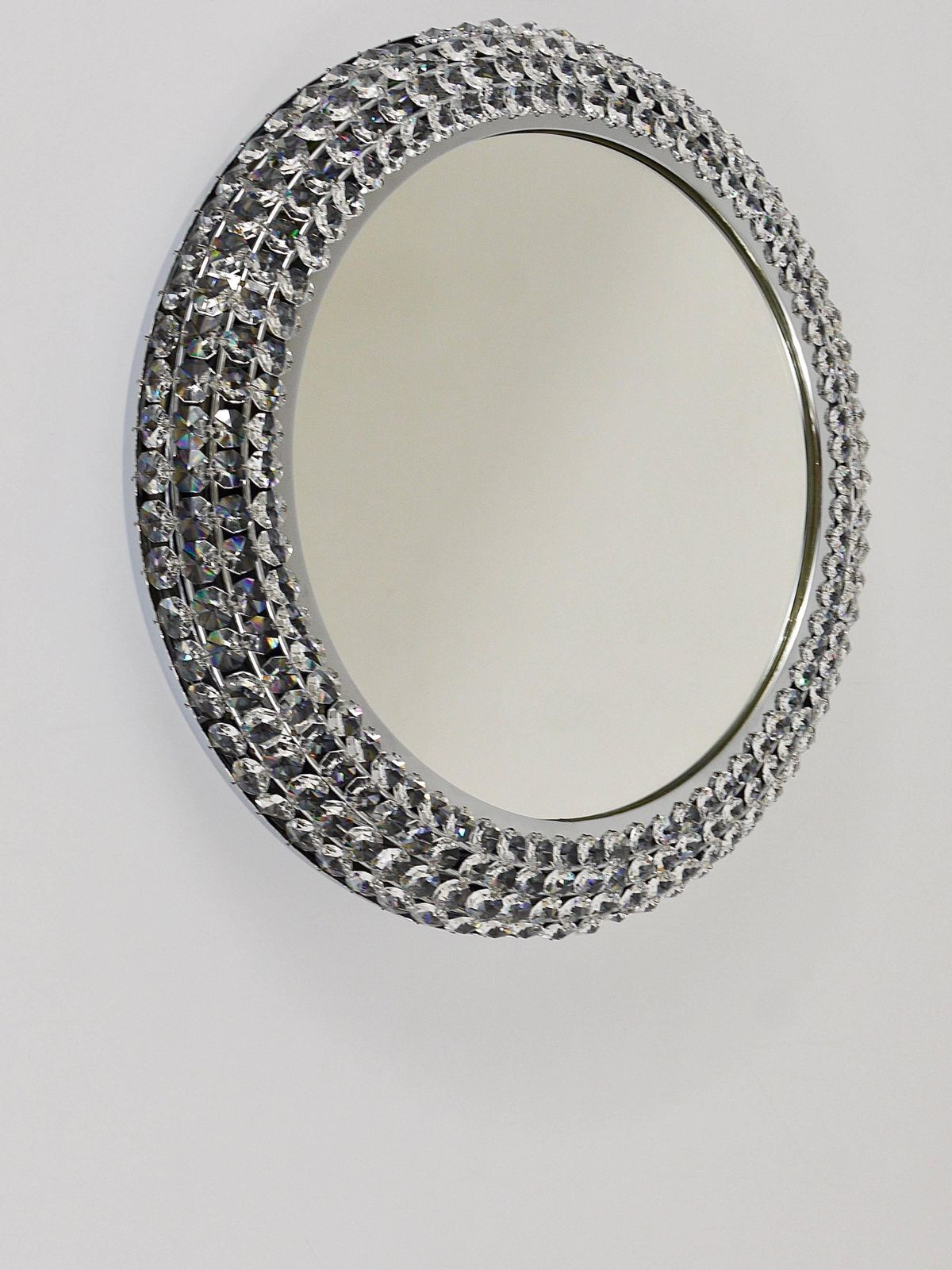 Round Bakalowits Style Faceted Crystal & Chrome Backlit Wall Mirror, 1960s photo Home Decor