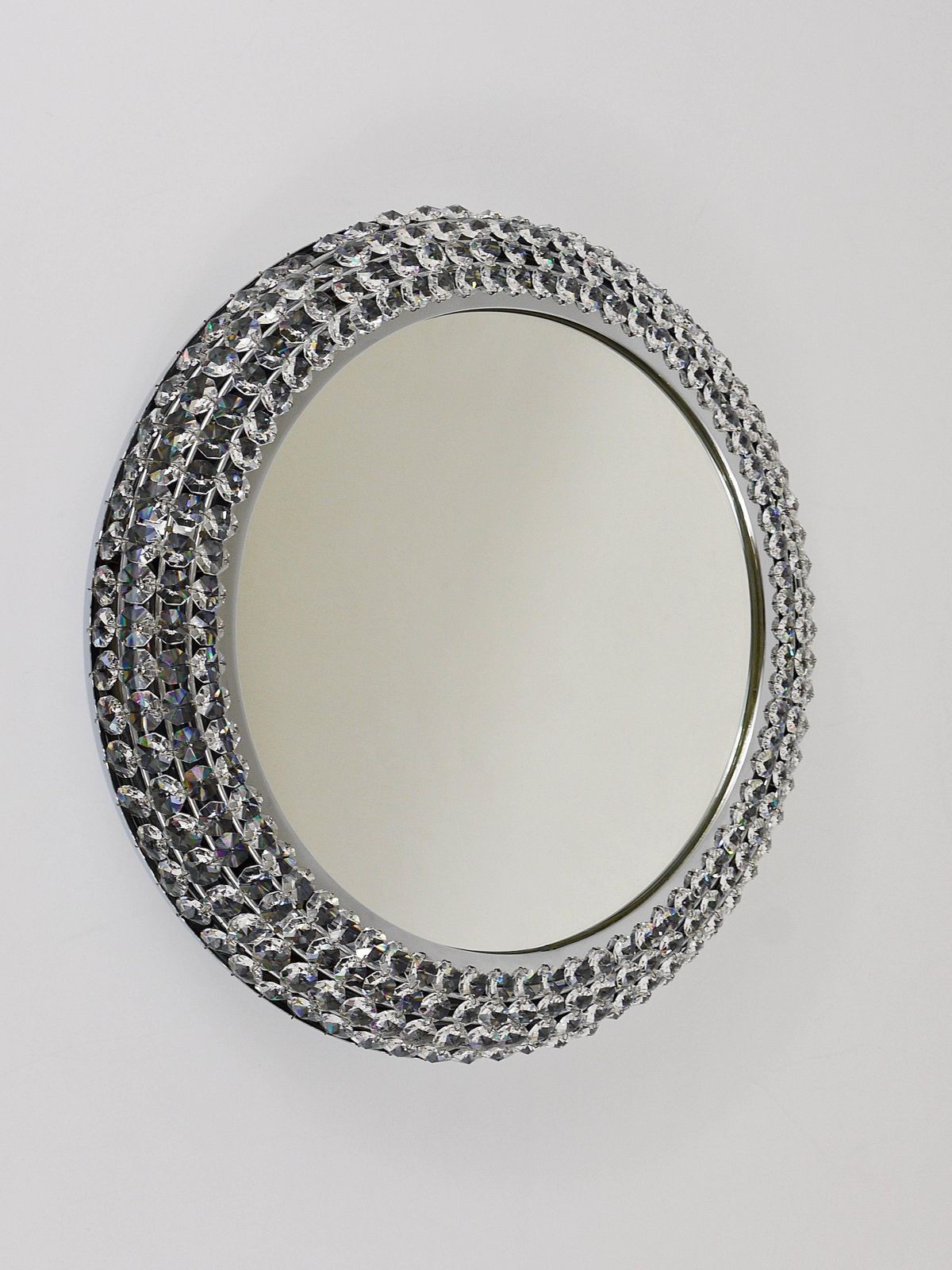 photo furniture Round Bakalowits Style Faceted Crystal & Chrome Backlit Wall Mirror, 1960s