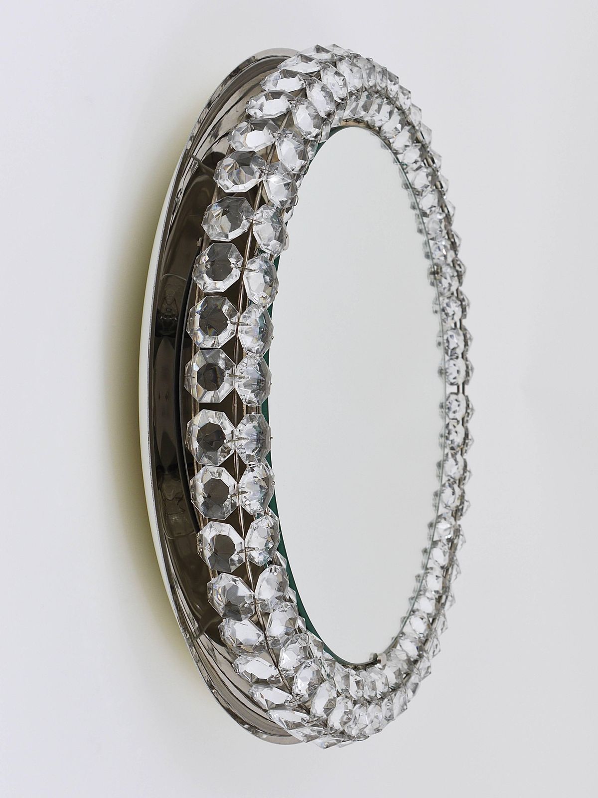 photo for sale Bakalowits Vienna Round Backlit Wall Mirror With Huge Crystals, Austria, 1950s