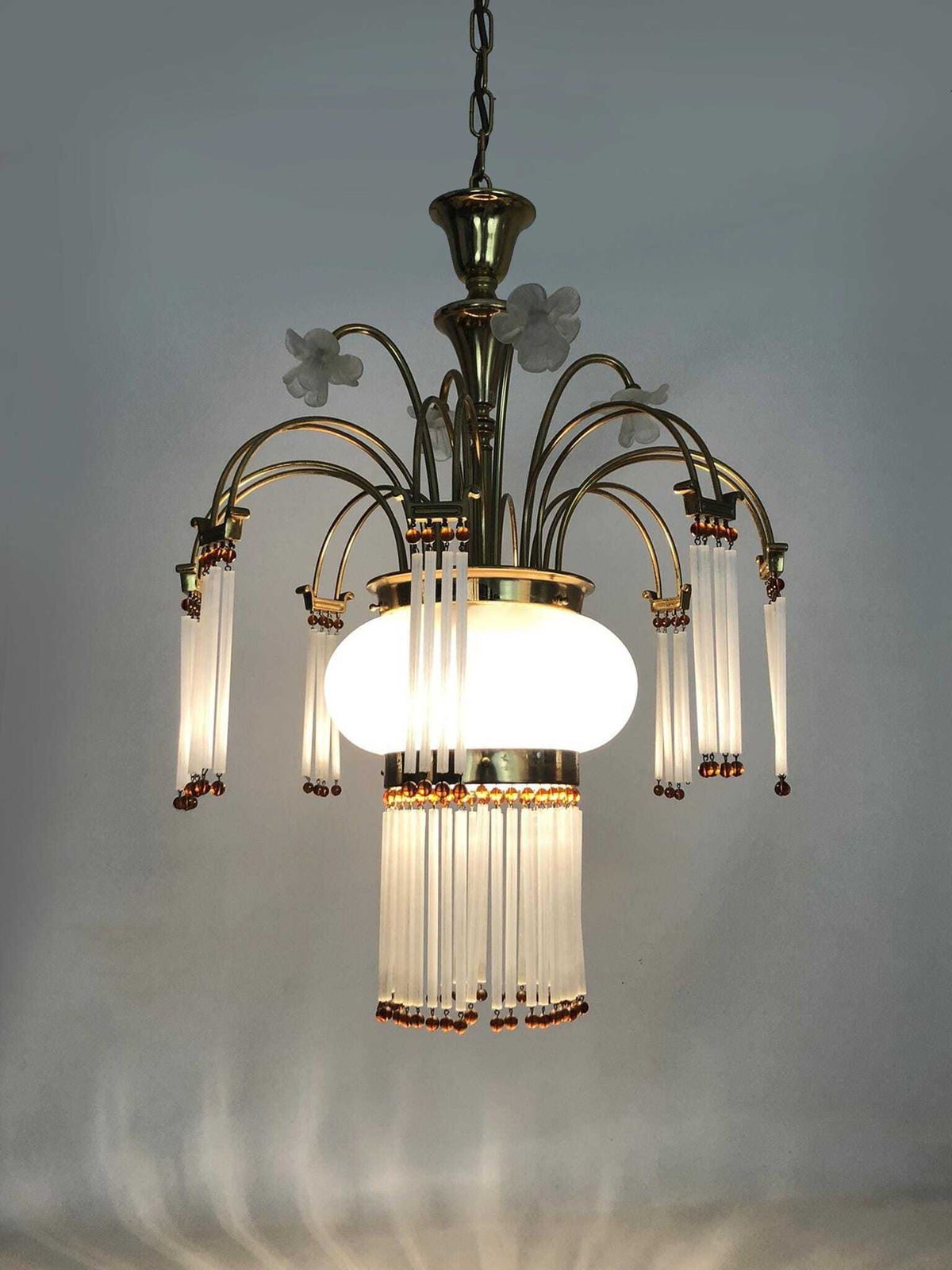Art Nouveau Style Chandelier In Brass With Pendants And Glass Globe With 3 Lights. Italy 70s 80s photo furniture
