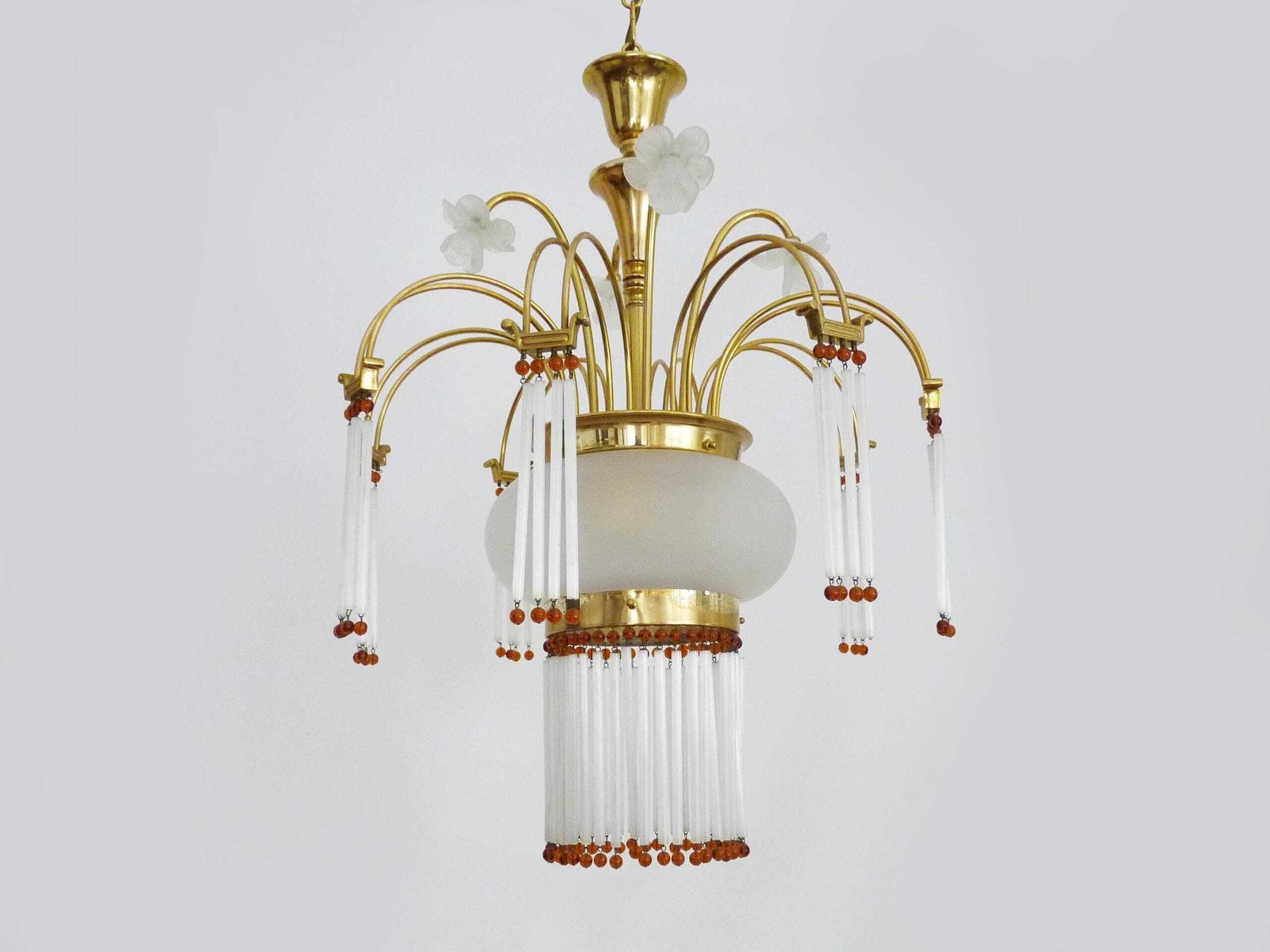Art Nouveau Style Chandelier In Brass With Pendants And Glass Globe With 3 Lights. Italy 70s 80s photo for sale