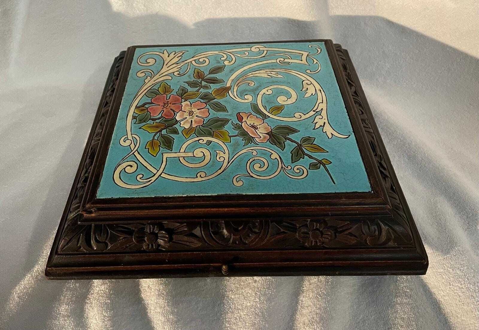 Antique Early 1900s Wind Up Music Box Stand – Hand Painted Tile & Carved Wood photo for sale