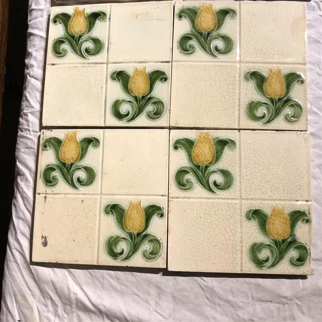 Set Of Ten Original Antique Fireplace Tiles With Nouveau Tulips 1900 photo buy