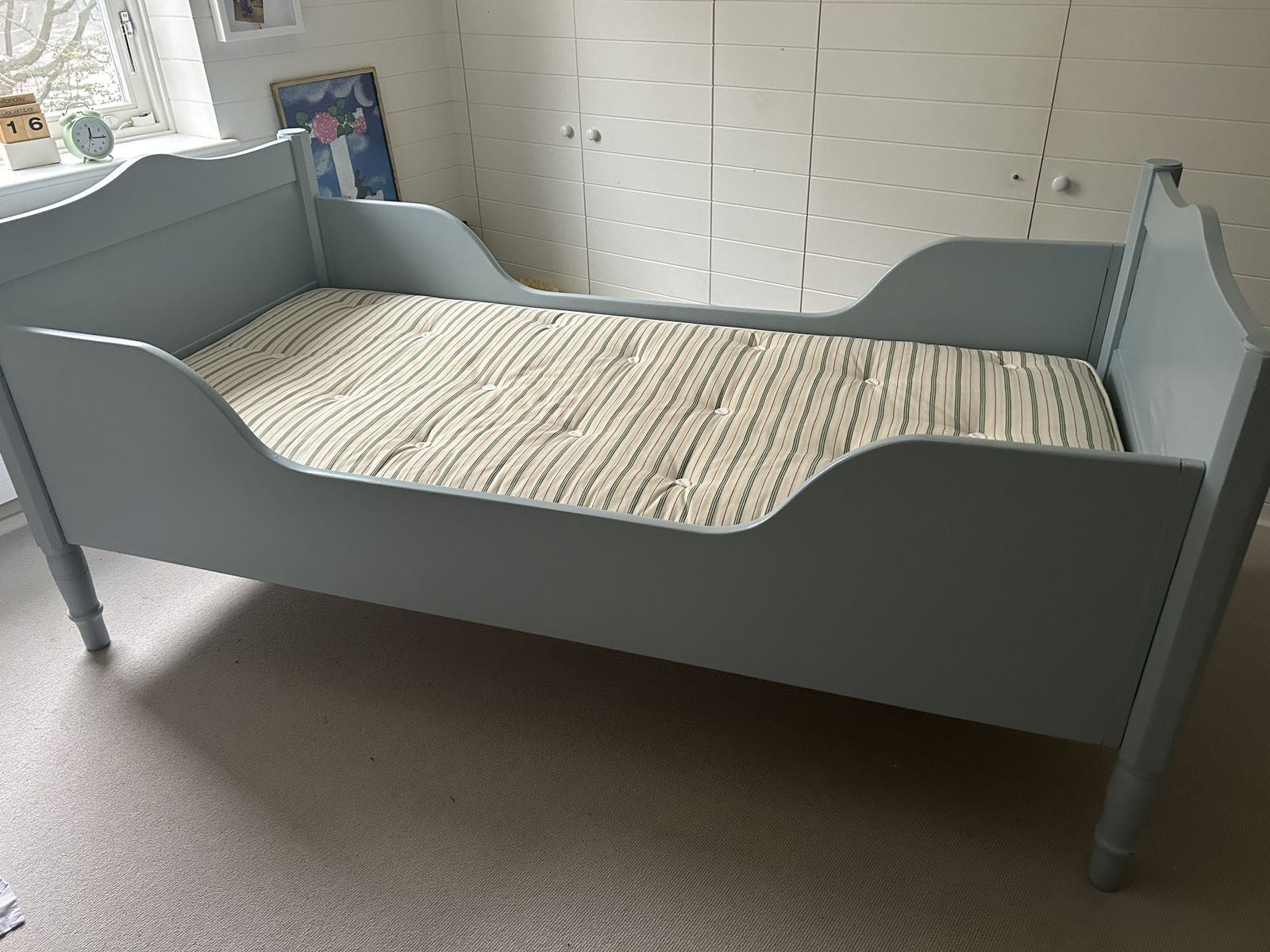 Painted French Antique Single Bed In Farrow & Ball Palma Grey photo furniture
