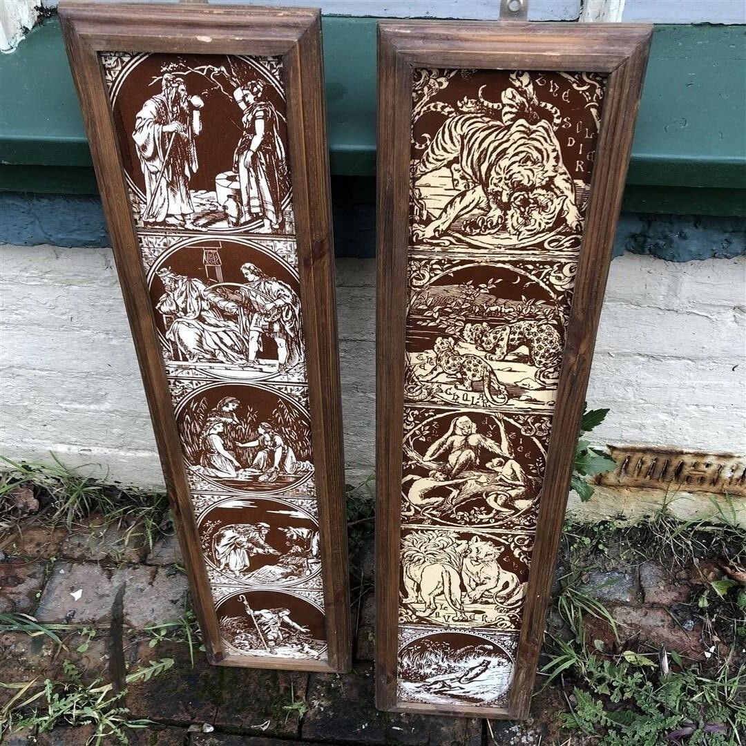 Antique Original Minton Hollis Ceramic Fireplace Tiles In Wood Frame Showing Biblical Scenes 1870s photo vintage