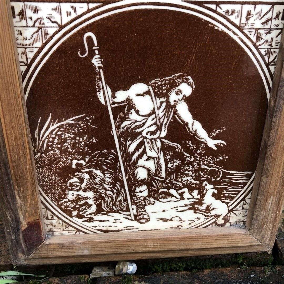 photo furniture Antique Original Minton Hollis Ceramic Fireplace Tiles In Wood Frame Showing Biblical Scenes 1870s