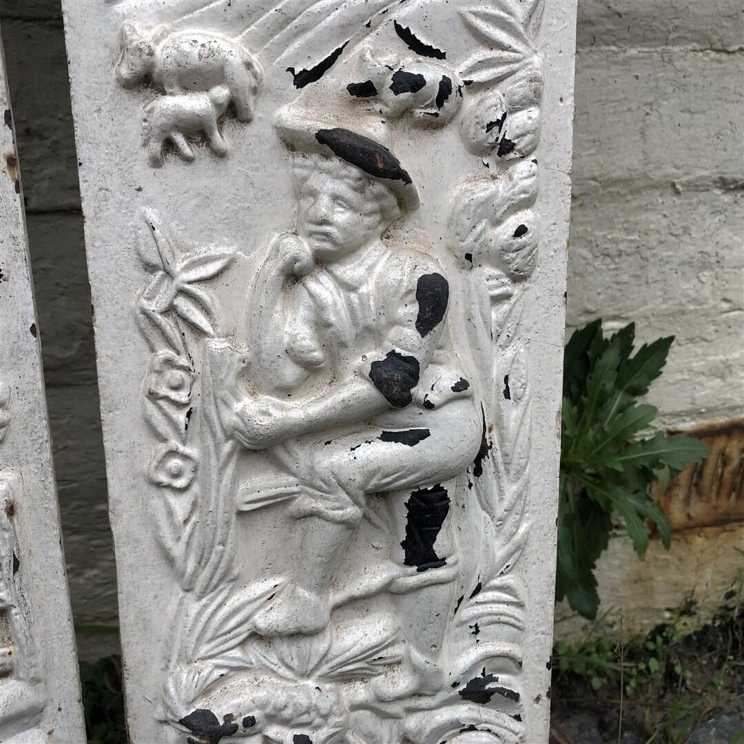 Antique Cast Iron Decorative Fireplace Panels Shepherd Boy Milkmaid 1890s photo for sale