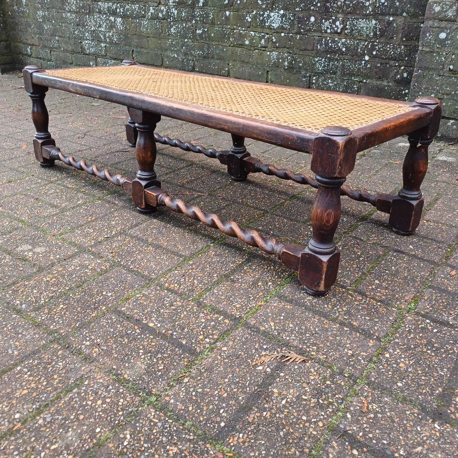 Early 20th Century Oak Stool With Turned Legs Bold Still Life Tapestry Cushion & Cane Seat photo vinterior