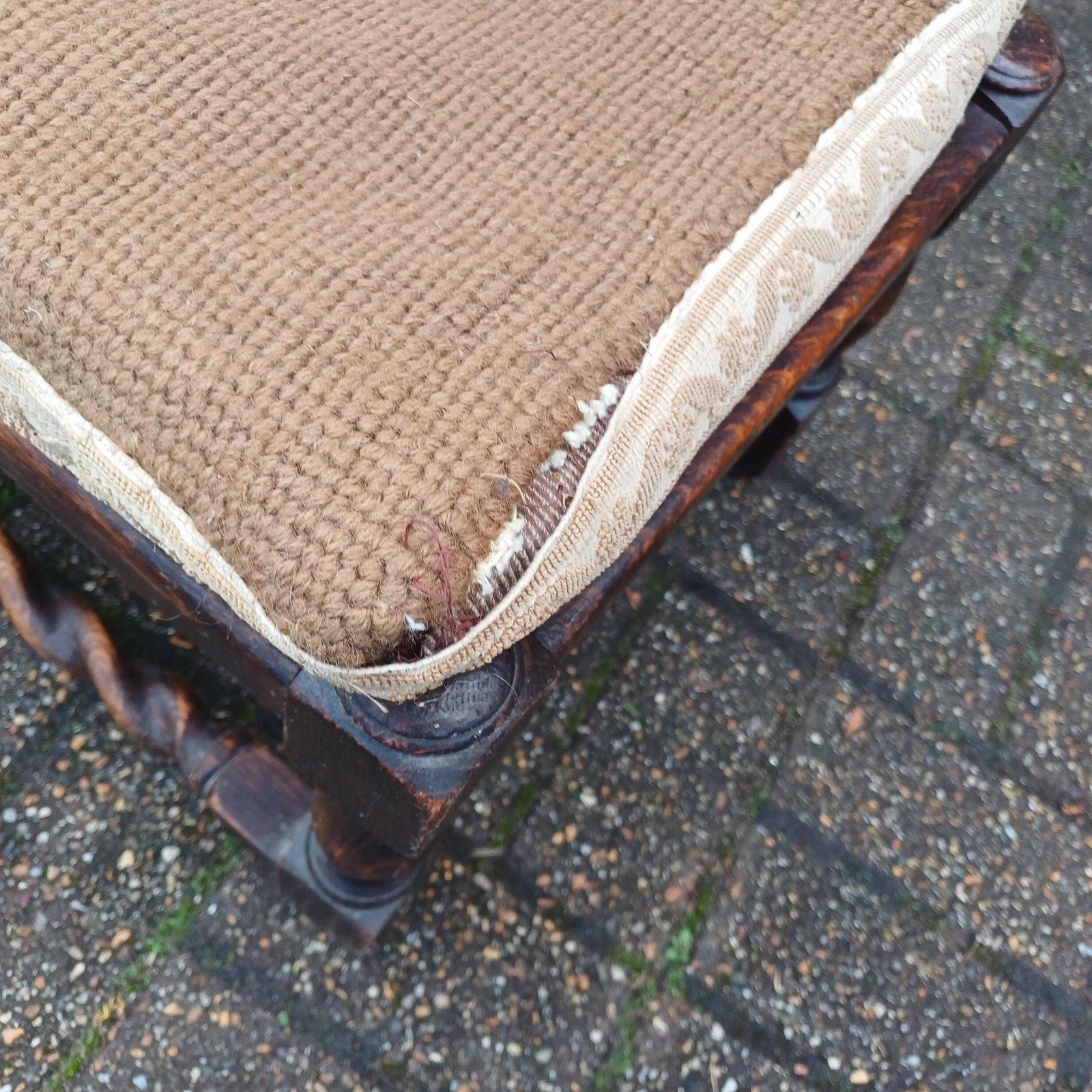photo for sale Early 20th Century Oak Stool With Turned Legs Bold Still Life Tapestry Cushion & Cane Seat