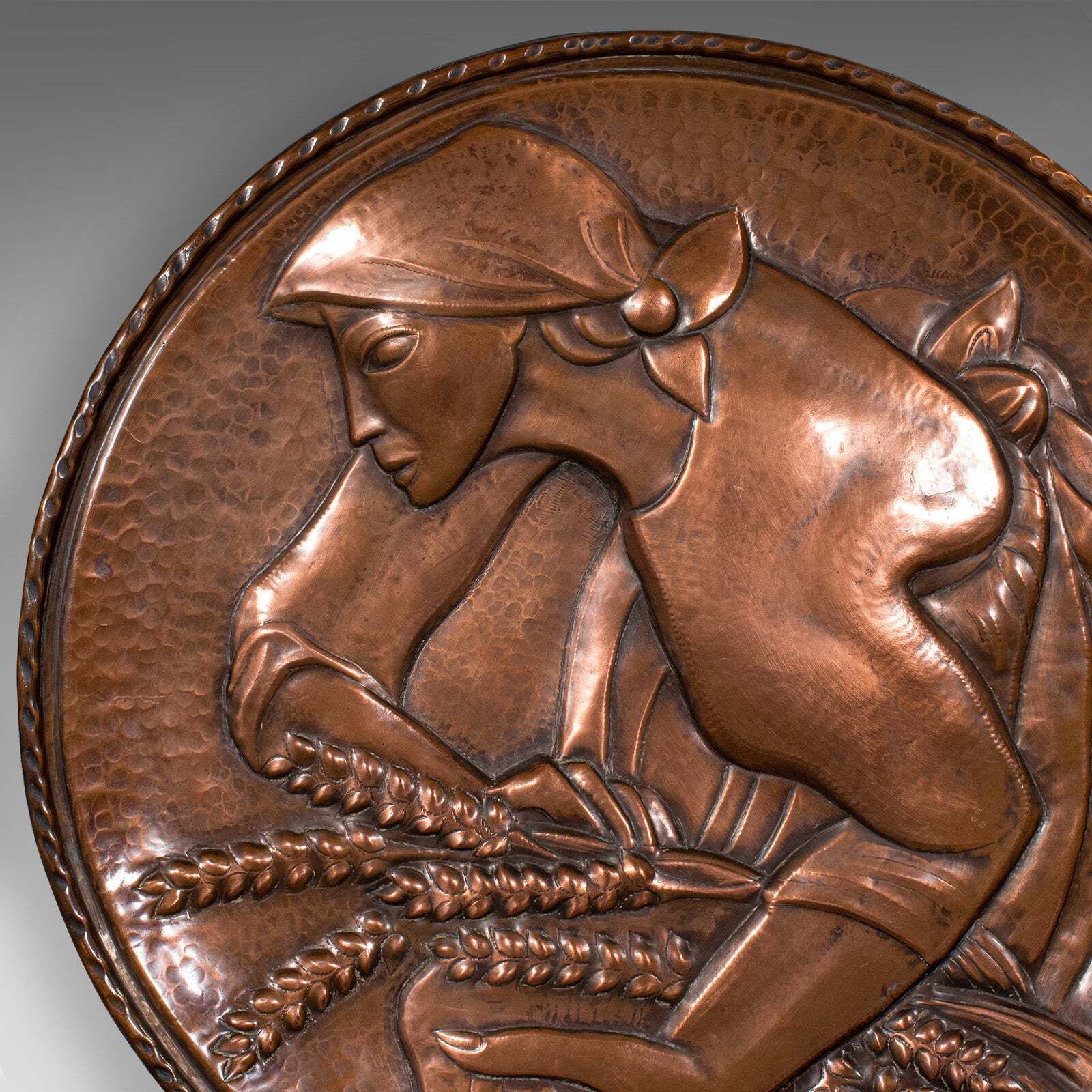 Large Vintage Relief Charger, Belgian, Hand Beaten Copper, Harvest Tray, C.1930 photo Art