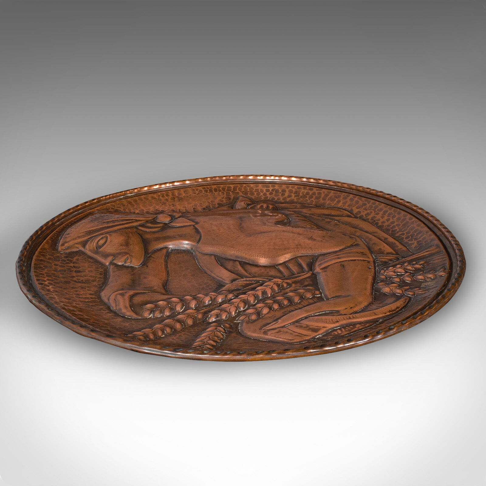Large Vintage Relief Charger, Belgian, Hand Beaten Copper, Harvest Tray, C.1930 photo 595.0