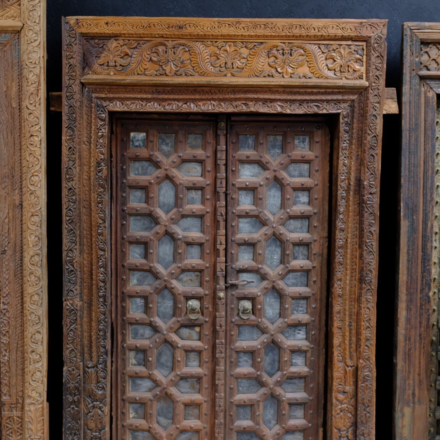 Antique Indian Handcrafted Door With Frame | Early 20th Century Hand Carved Teak Wood & Ironwork | Rajasthani Architectural Piece photo Home Fixtures