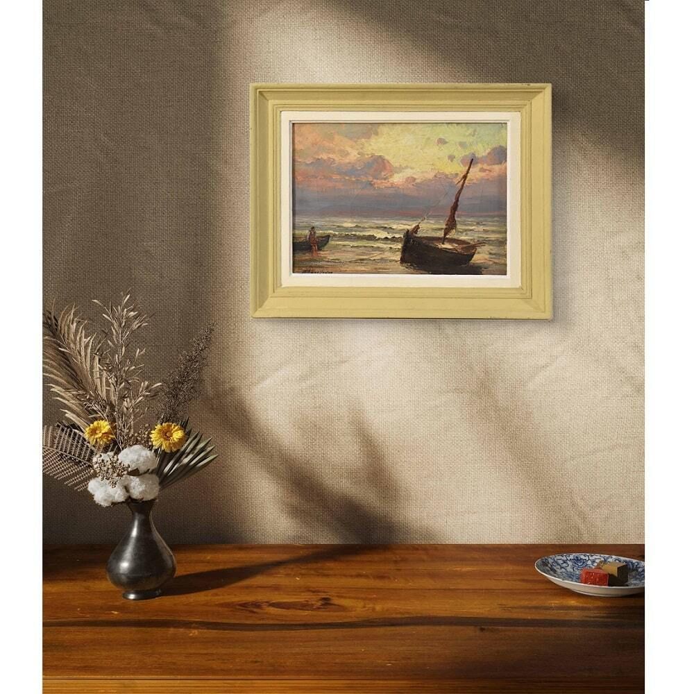 Antique Landscape Oil Painting, Small Seascape With Coast And Sea, 19th Century. photo furniture