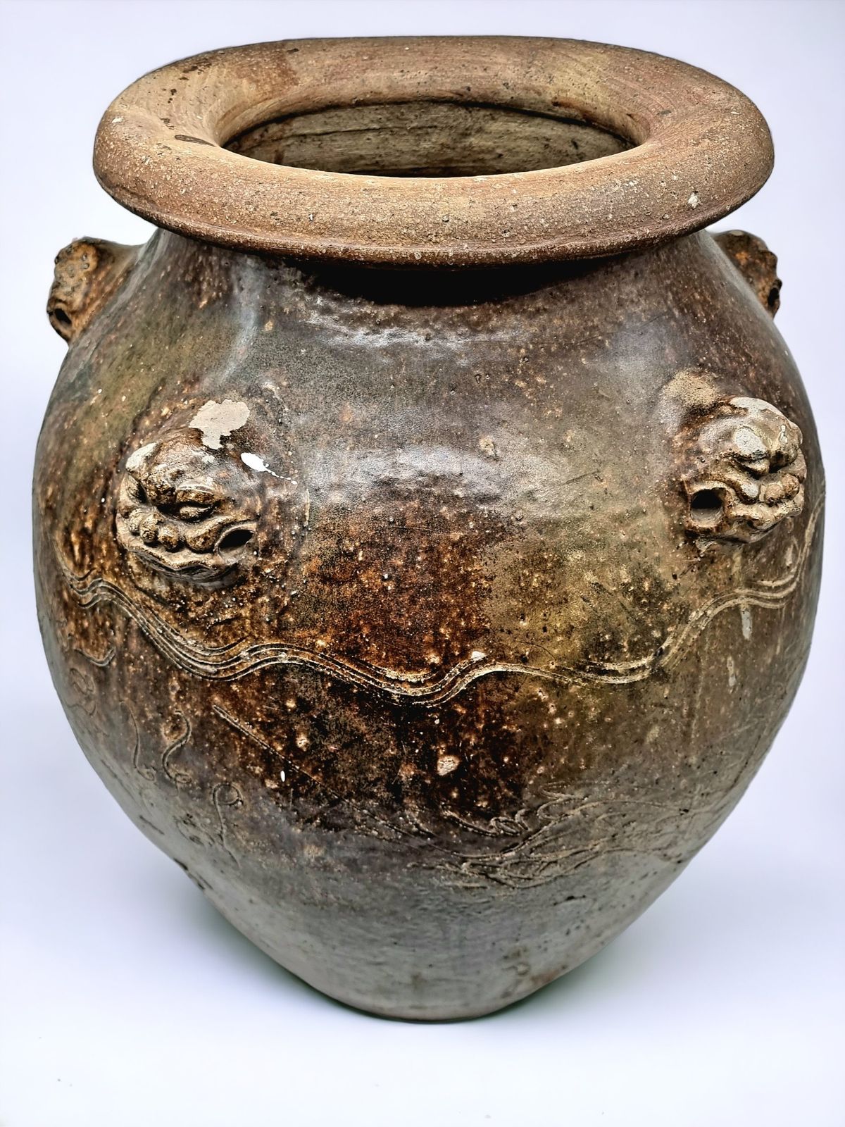 Antique 18th Century Chinese Martaban Jar | Brown Glazed Ceramic Storage Vessel With Dragon Head Handles & Engraved Motifs