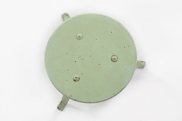 Industrial Green Painted Stool With Steel Base And Wooden Top, 1930s photo buy