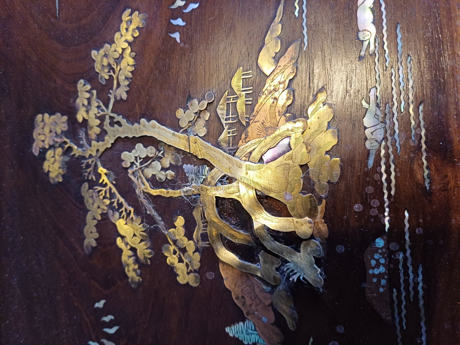 2 Japanese Wood, Brass And Mother Of Pearl Panel Paintings photo furniture