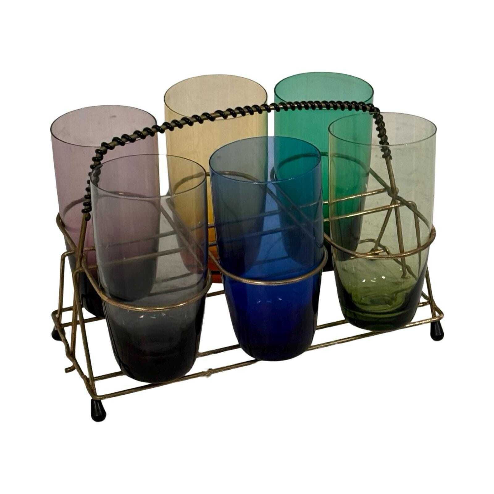 Approx. 1950's   Germany   Mcm Bar Set   Six Low Glasses, 4 Long Stem Shot (Schnapps) Glasses And A Teak Serving Tray   Multi Colored photo vinterior