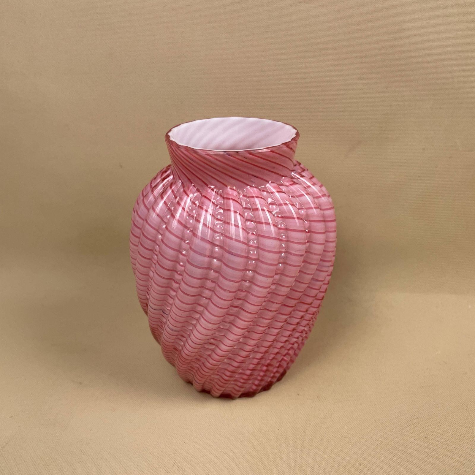 Steven And Williams Glass Vase Posy Pot Pink White Late 19th Century Hand Blown Swirl Tea Light Holder Vintage Pattern Swirled Patterned