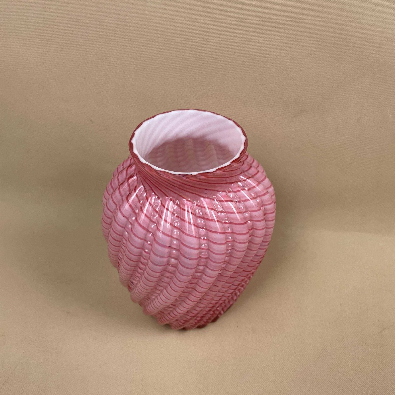 Steven And Williams Glass Vase Posy Pot Pink White Late 19th Century Hand Blown Swirl Tea Light Holder Vintage Pattern Swirled Patterned photo for sale