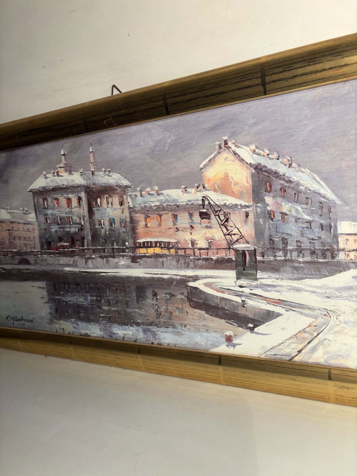 Oil Painting On Cardboard Of Naviglio In Milan By Eugenio Mantegani 80s photo buy