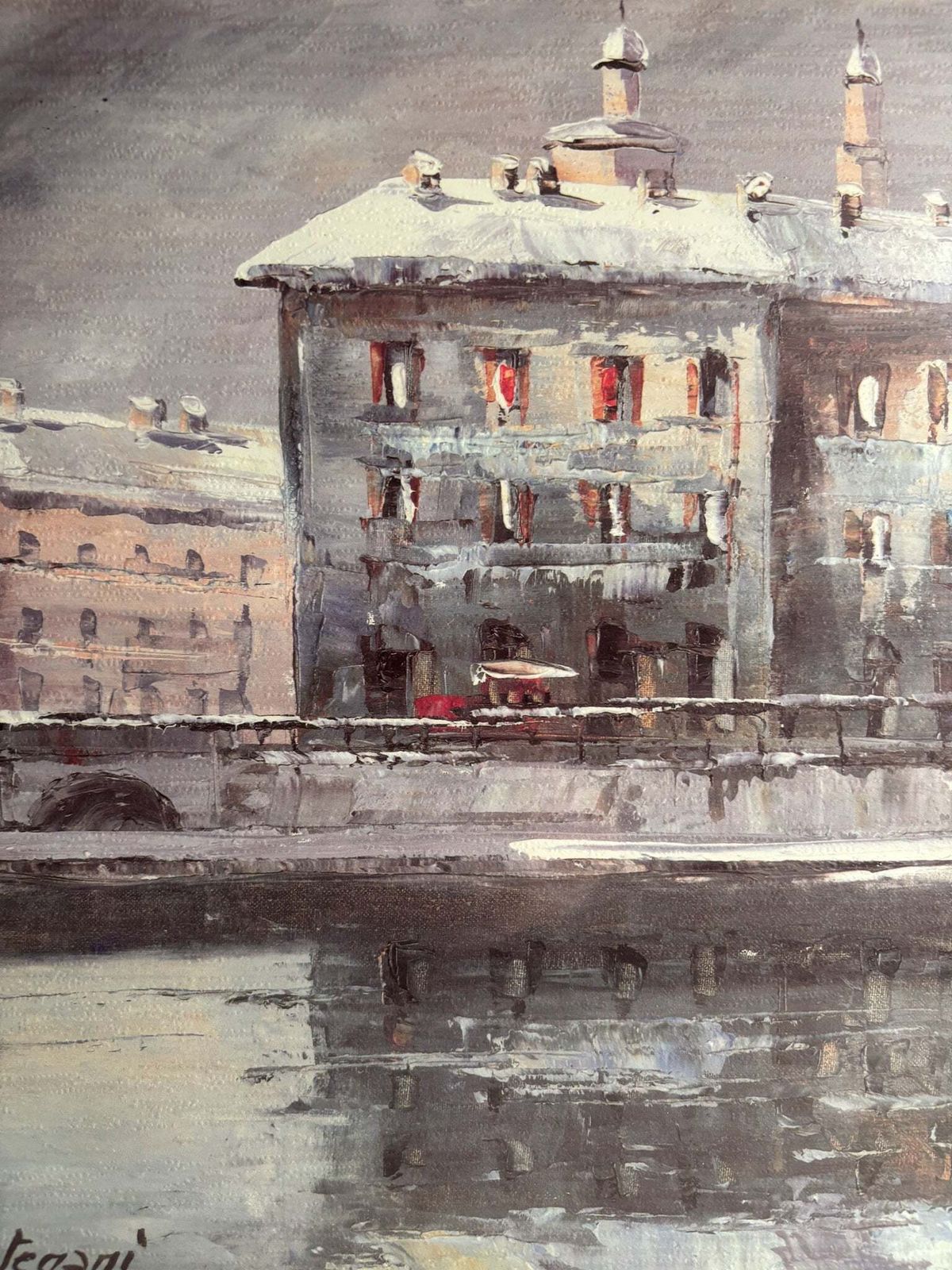 Oil Painting On Cardboard Of Naviglio In Milan By Eugenio Mantegani 80s photo vintage