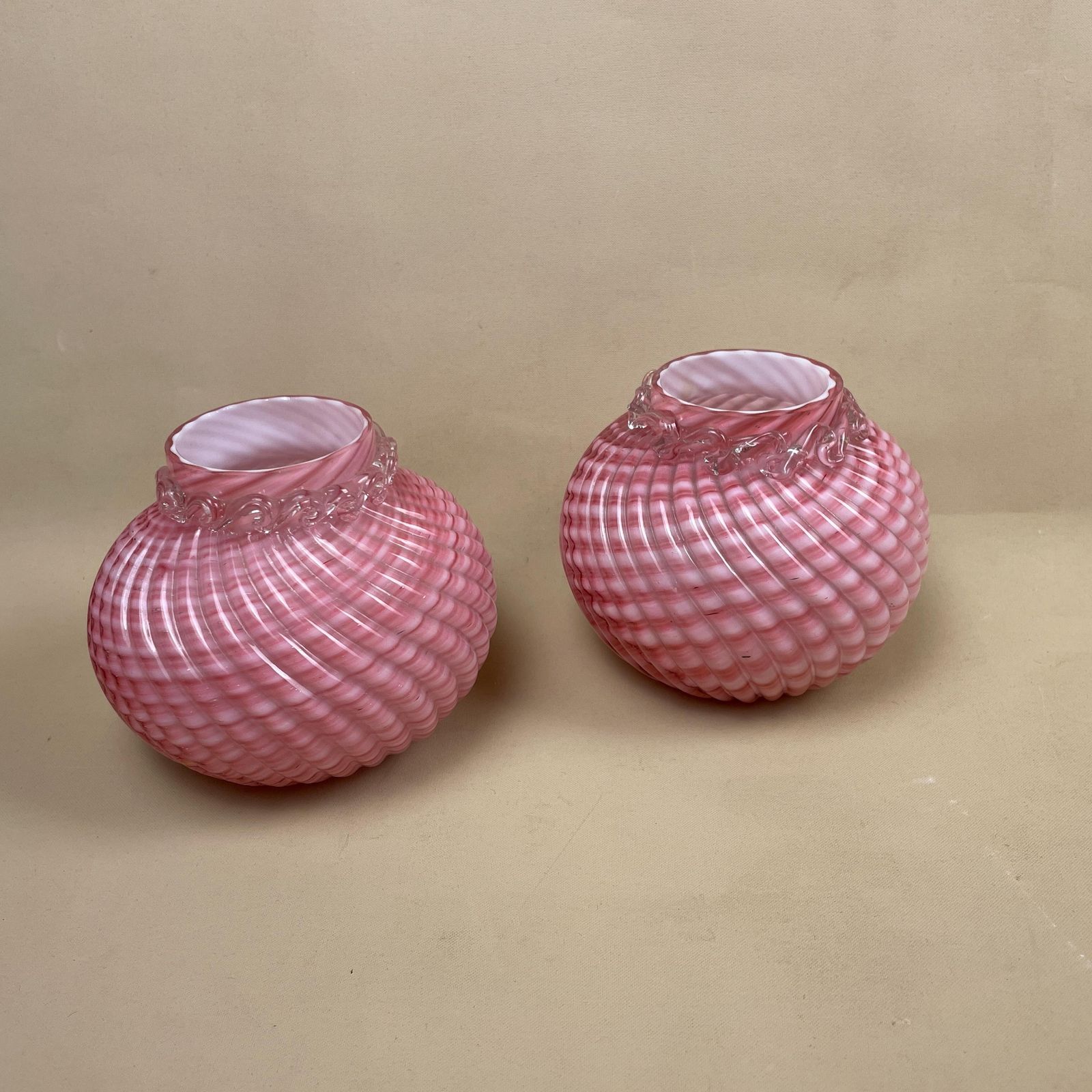 Franz Welz Pair Of Vases Pink Bohemian Glass Antique Swirly C.1890’s Vase Posy Pot White Hand Blown Swirl Tea Light Vintage Pattern Swirled photo for sale