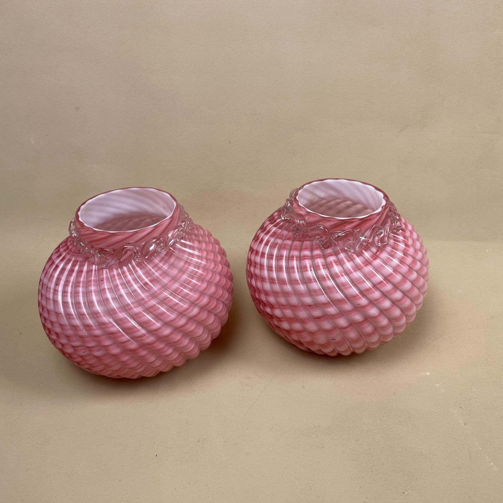 Franz Welz Pair Of Vases Pink Bohemian Glass Antique Swirly C.1890’s Vase Posy Pot White Hand Blown Swirl Tea Light Vintage Pattern Swirled photo vintage