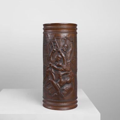 Copper Umbrella Stand With Hammered Relief Of Medieval Café, France, 1900s