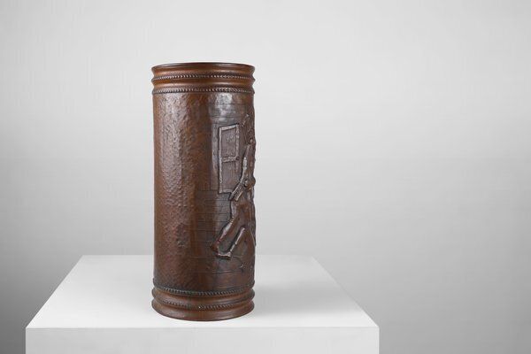 Copper Umbrella Stand With Hammered Relief Of Medieval Café, France, 1900s photo vinterior
