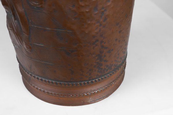 photo for sale Copper Umbrella Stand With Hammered Relief Of Medieval Café, France, 1900s